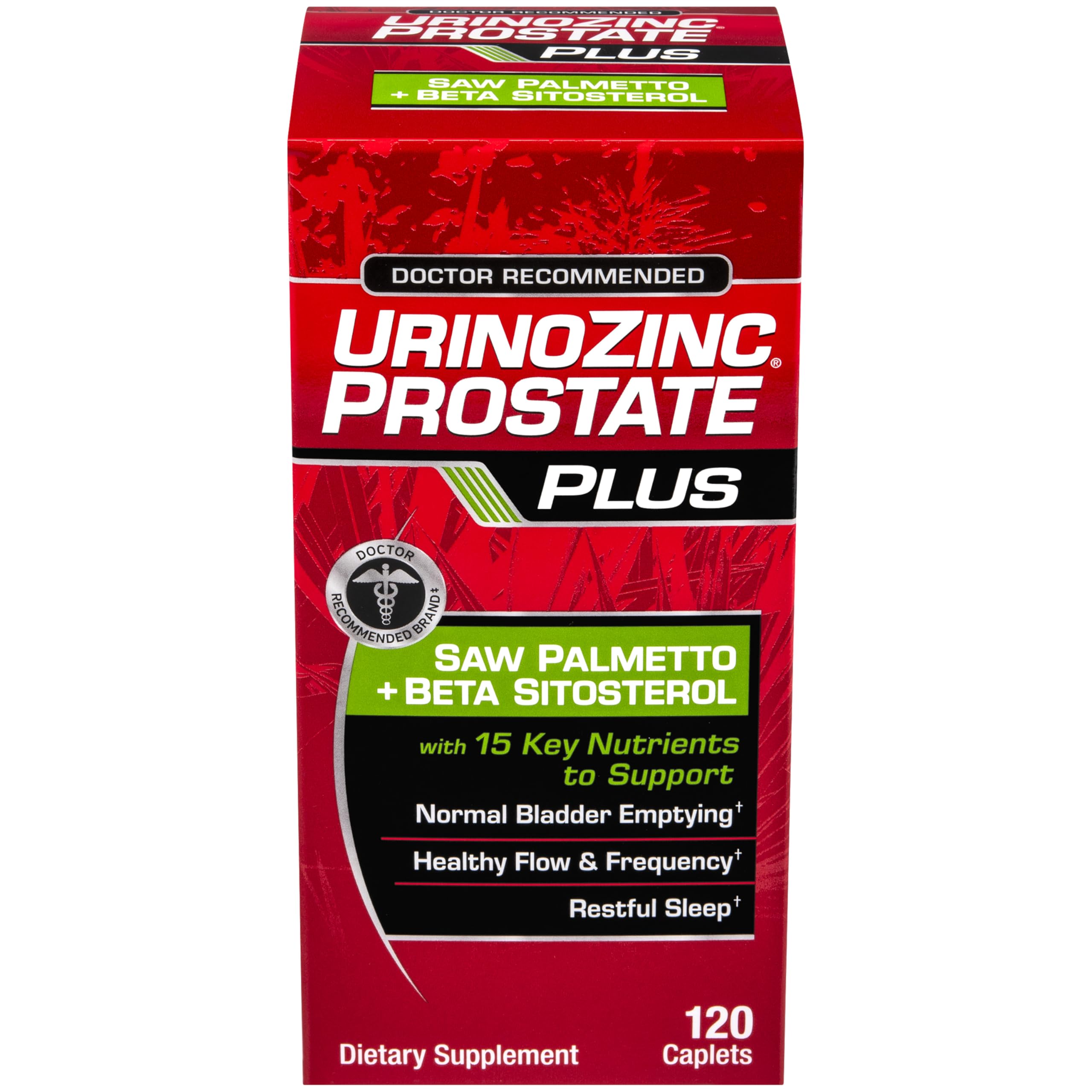 Urinozinc Prostate Plus, Saw Palmetto & Beta Sitosterol Supplement for Men, Reduce Frequent Urination (2 Month Supply, 120 Count)