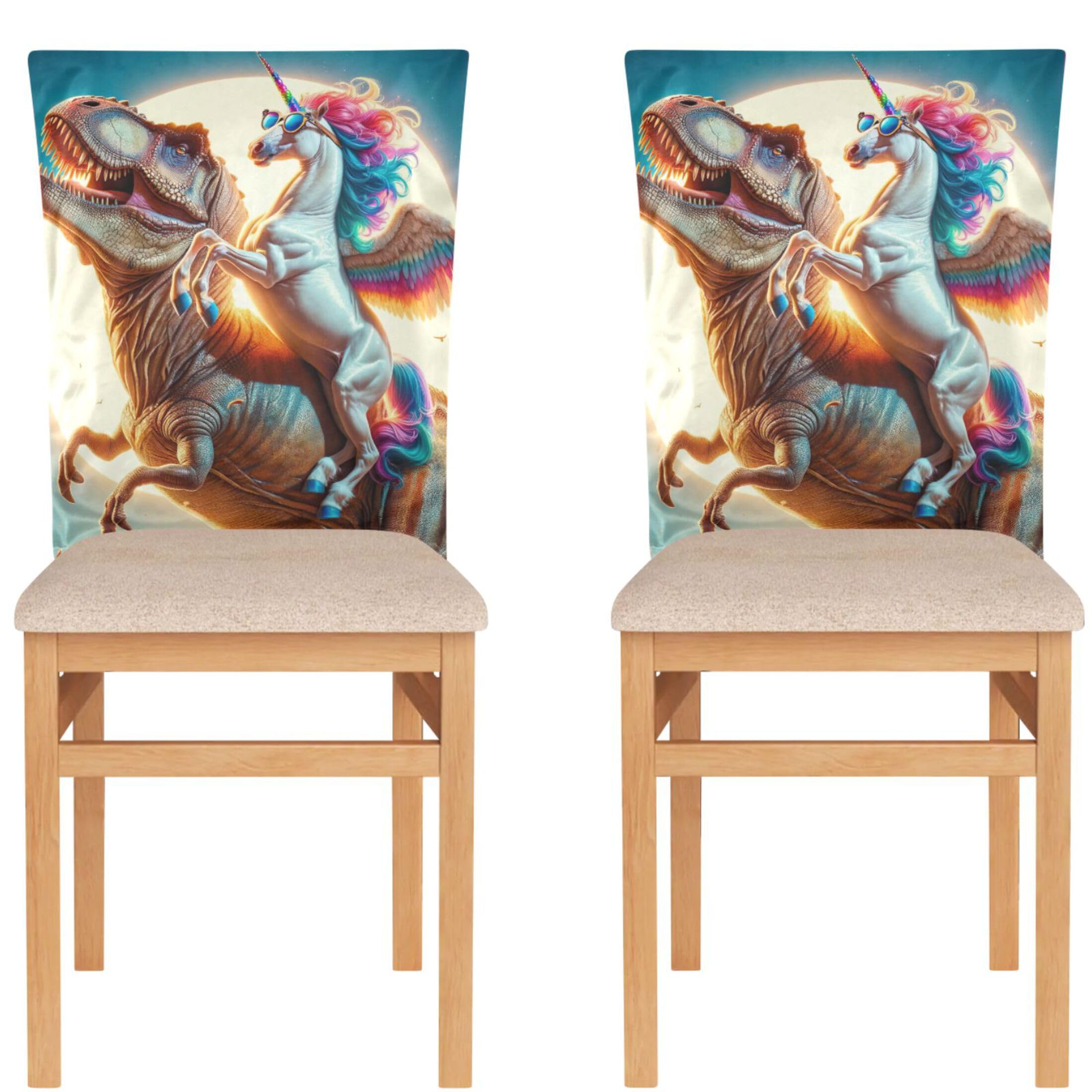 TSENQUE Dino Unicorn Cute Chair Covers for Dining Chair Designer Parson Chair Cover Decorative Slip Covers Kitchen Seat Covers, Set of 2