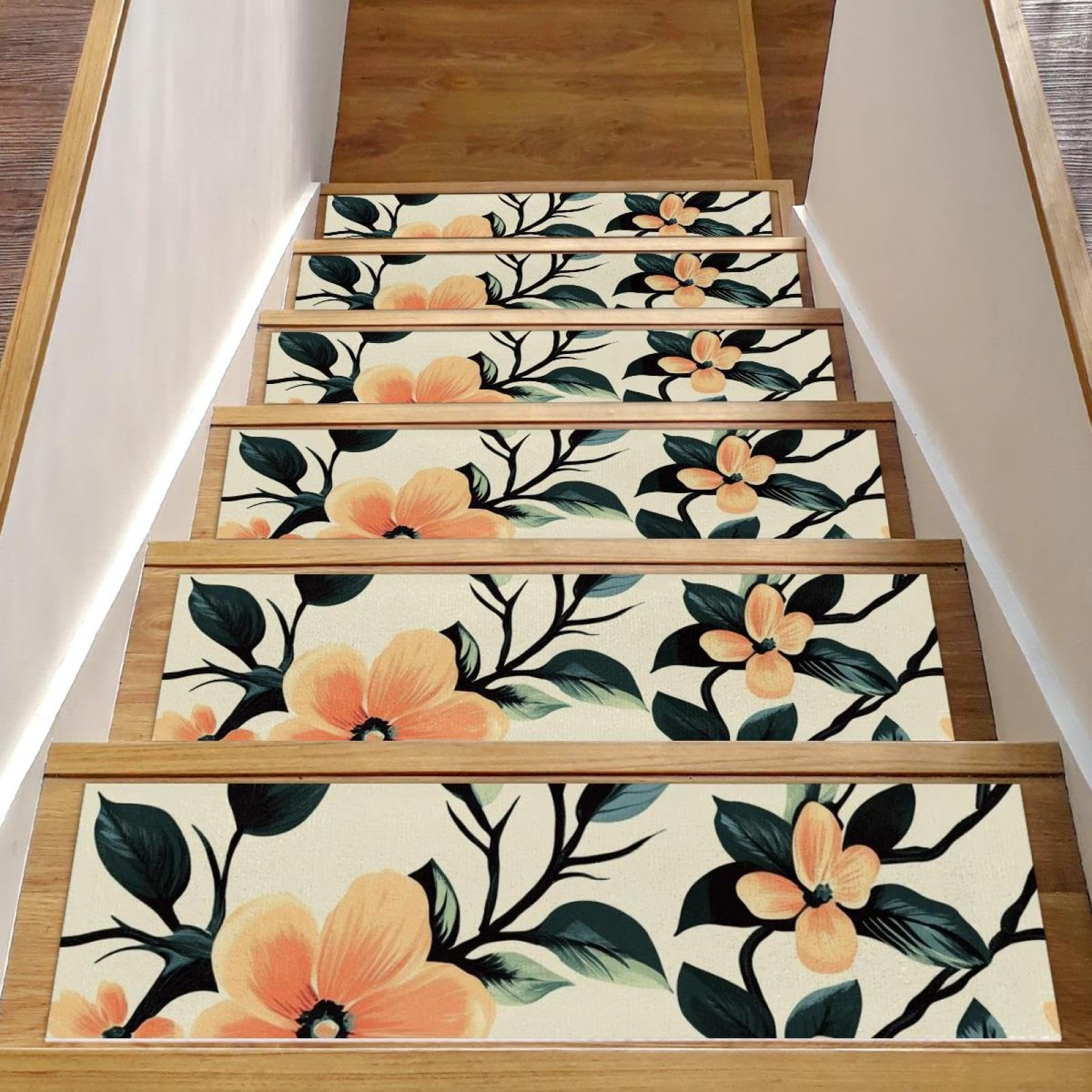 Peldaños de escalera de madera CHENZZZZ con 15 alfombras antideslizantes de flores 8x30