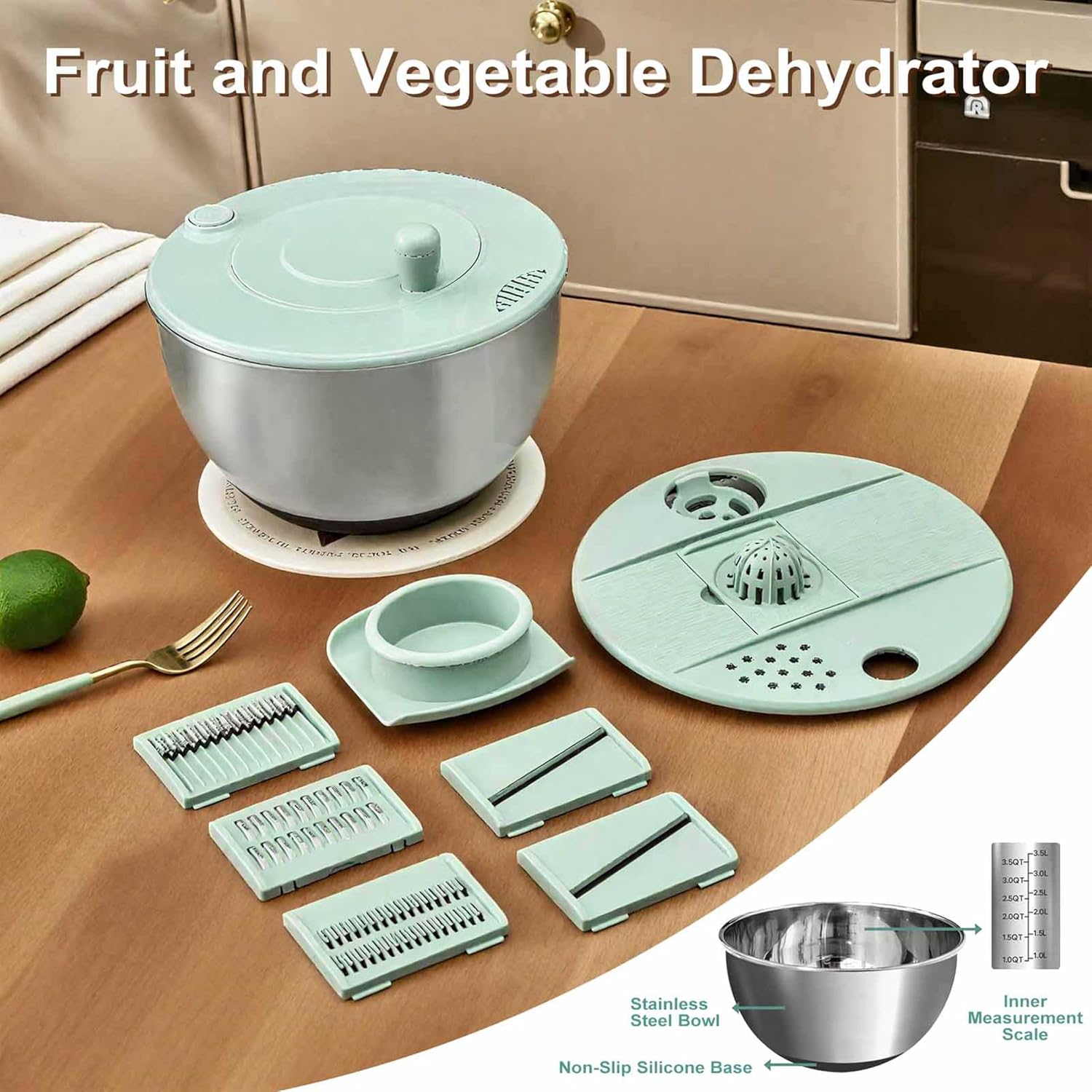 Stainless Steel Salad Spinner, 5.2 Qt Lettuce Spinner with Drain and 3-in-1 Mixing Bowl with 6 Blade Slicer, Multifunctional for Salad, Fruits