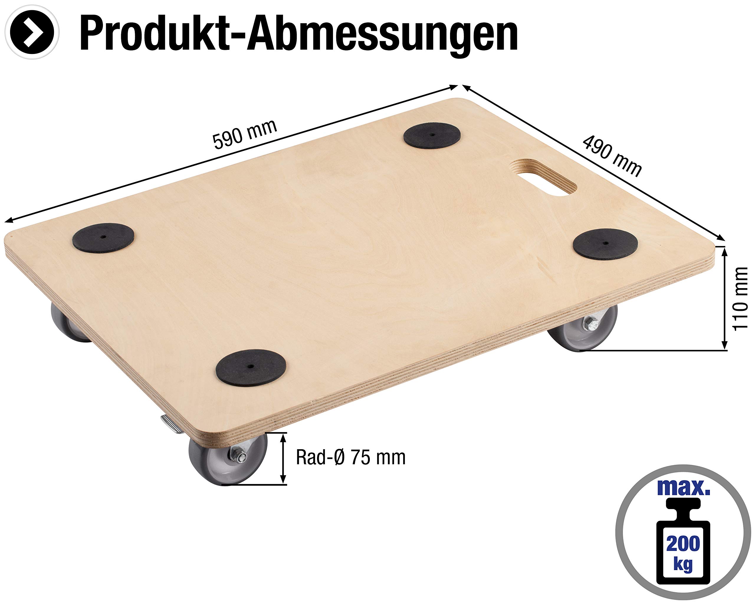 Meister transporte Roller 590 x 490 mm – 200 kg Resistencia – contrachapado – Ruedas de poliuretano