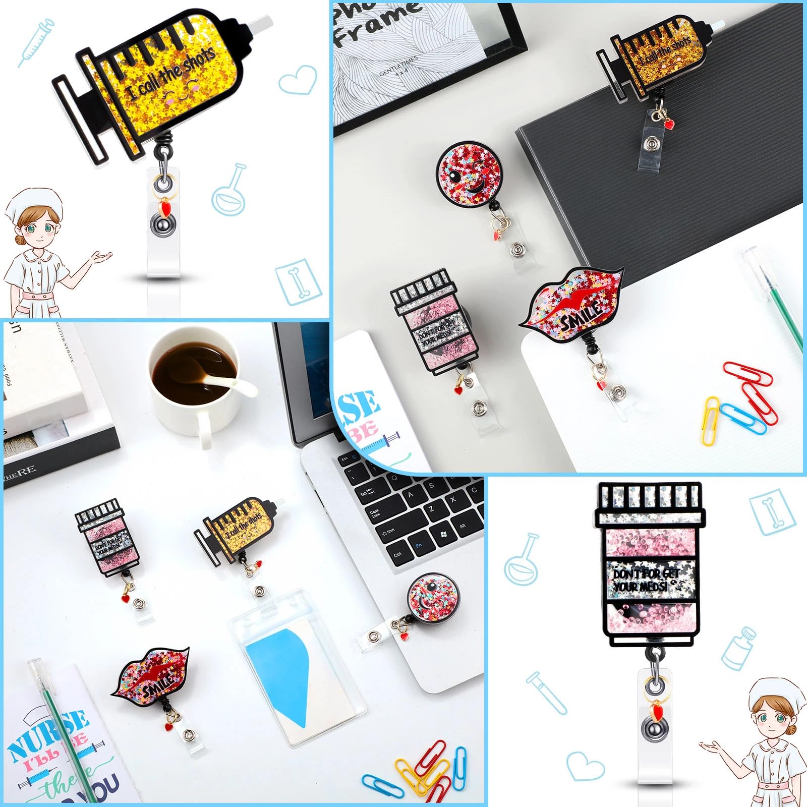 Ireer 18 Pcs Nurse Badge Reels - Cute Retractable ID Holder With Alligator Clip & Glitter Designs - View #4