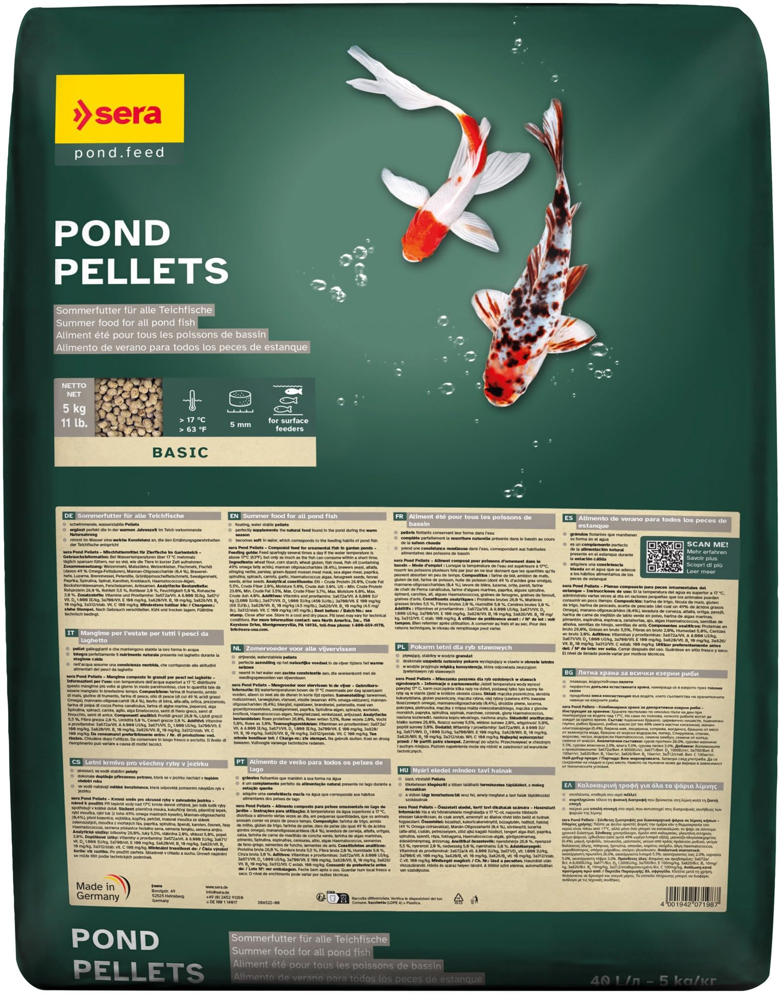 sera pond pellets 40 l 5 kg | mangime complementare per pesci da laghetto | privo di coloranti e conservanti