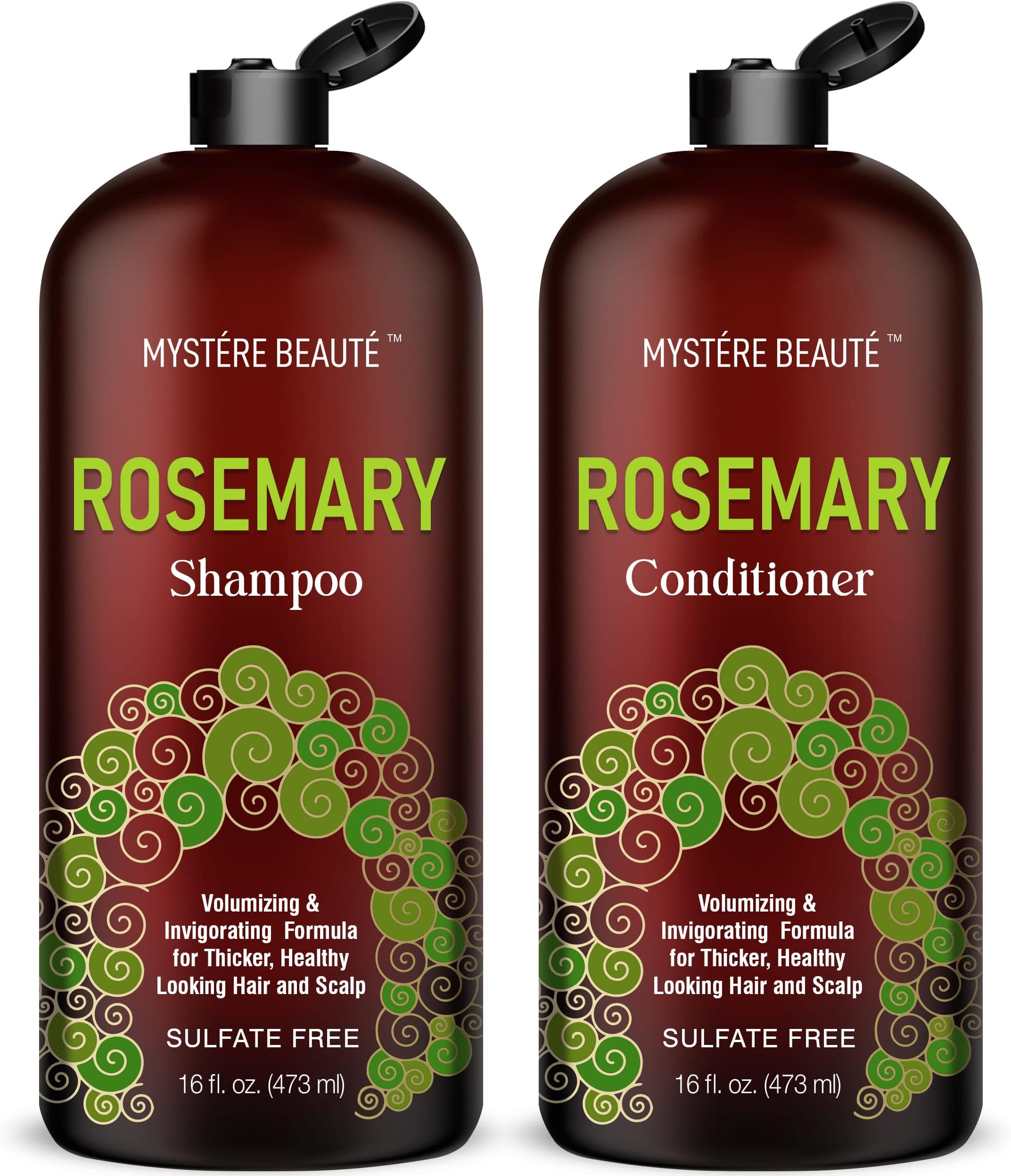 MYSTÉRE BEAUTÉ Rosemary Shampoo and Conditioner Set for Hair Growth - 16 oz Each - Sulfate Free with Biotin, Keratin & Argan Oil - Strengthens, Thickens & Reduces Thinning for Men and Women