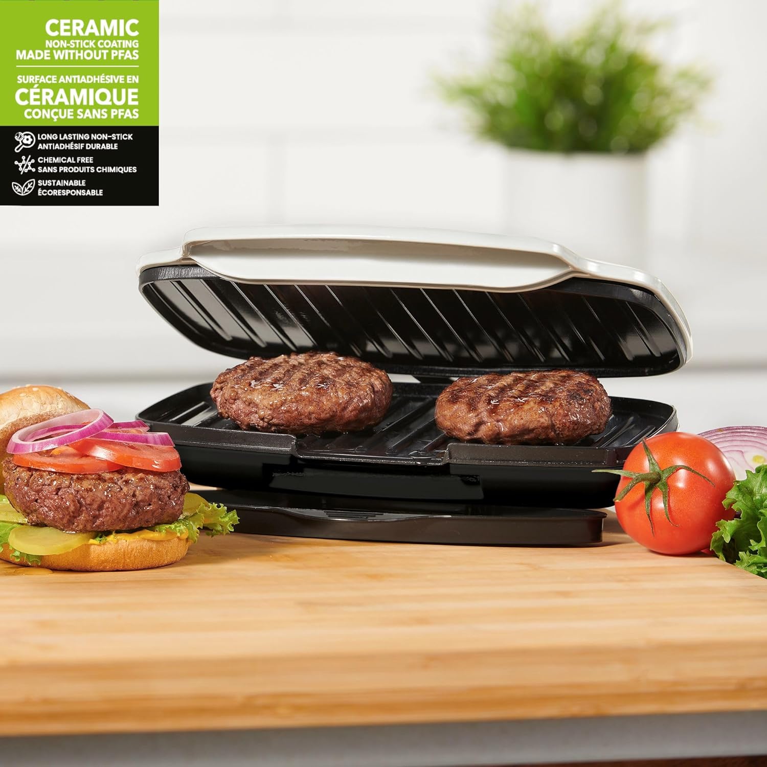 Starfrit Grill And Panini Press With Ceramic Coating - Non-Stick Coating - Removable Fat And Oil Collection - White