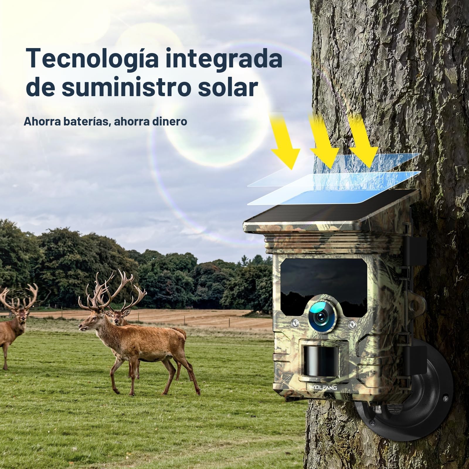 WOLFANG Cámara de Caza Solar 4K 30fps 68MP, WiFi Bluetooth Camara Fototrampeo con Visión Nocturna, Disparo de 0.1 s, Batería de 5200 mAh, IP66 Impermeable, Camara Caza para Monitoreo de Vida Silvestre