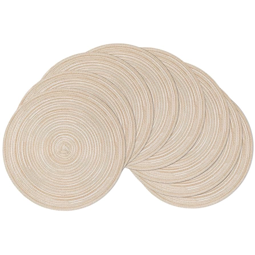 SHACOS Round Braided Placemats Set of 8 Cotton Fabric Round Table Mats Non Slip Washable 15 inch Round Place Mats (Beige, 8)