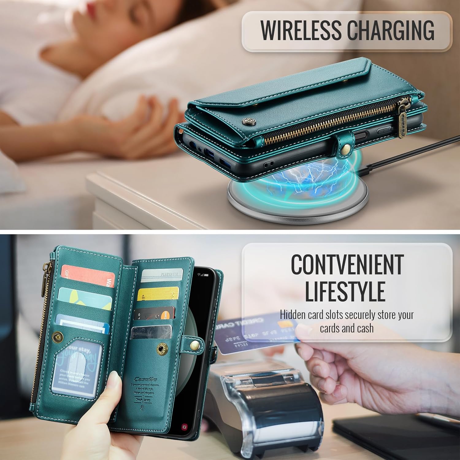 for Samsung Galaxy S24 FE Case, Women Men Multi-Function Wallet Case with Stand RFID Blocking Featuring Magnetic Closure Zipper Includes Shoulder Strap Wrist Strap (Green)