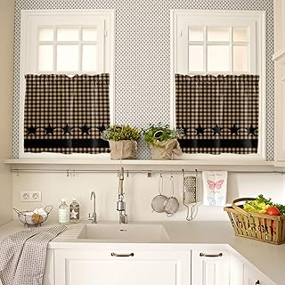 Rod Pocket Valance Tier Curtains for Kitchen,Farmhouse Star on Checker Lattice Window Tiers Short Cafe Curtains Rustic Brown and Black Plaid 2 Panels Window Treatment for Living Room Bathroom Decor