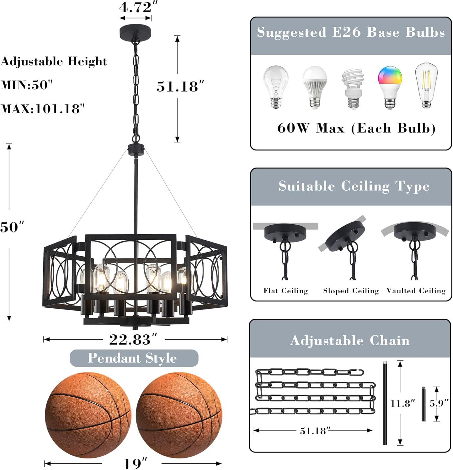 22.83'' Black Farmhouse Chandelier for Dining Room, Large Modern Industrial Geometric Pendant Lighting Fixture Adjustable Hanging Lights for Kitchen Island Foyer Hallway