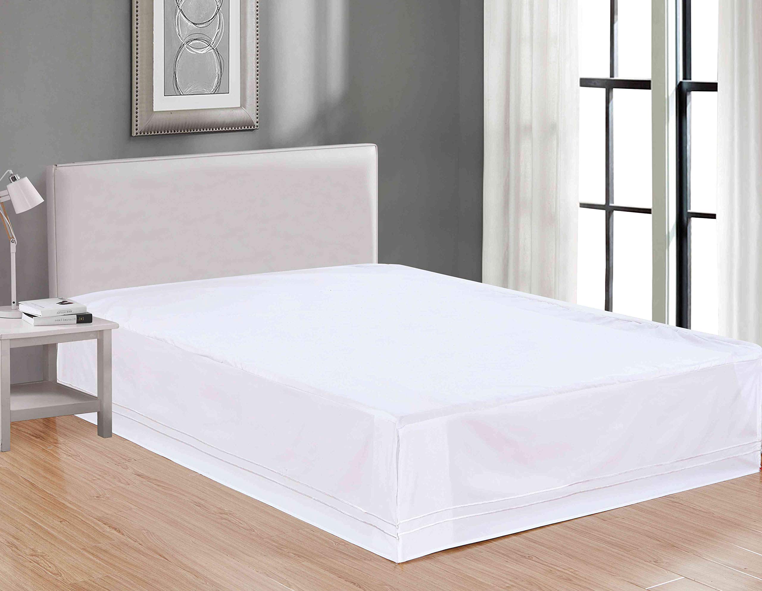 Sheets & Beyond Wrap Around Solid Luxury Hotel Quality Fabric Bedroom Microfiber Linear Bedding Bed Skirt 14 Inch Drop (Queen, White)