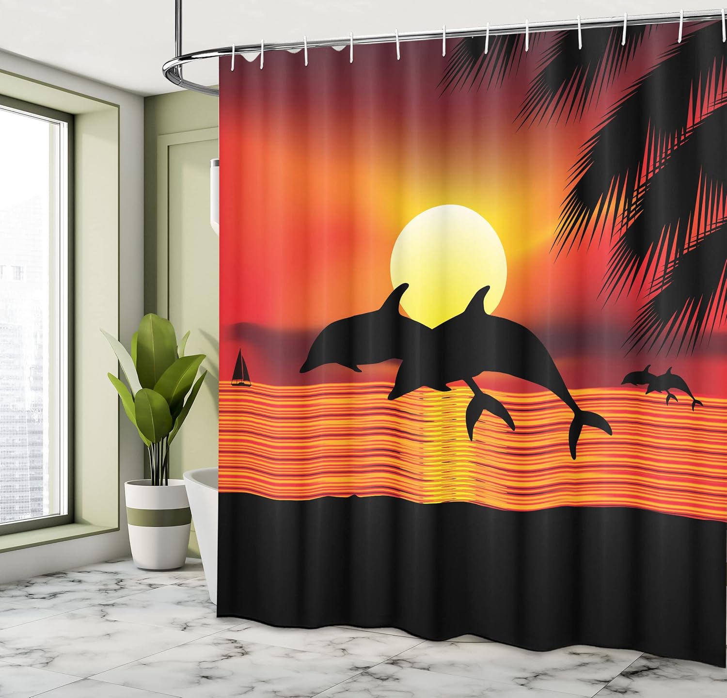 Ambesonne Whale Shower Curtain, 2 Dolphins in The Ocean at Sunset with Palm Tree Leaves Romantic Waterscape View, Cloth Fabric Bathroom Decor Set with Hooks, 69" W x 75" L, Orange Black