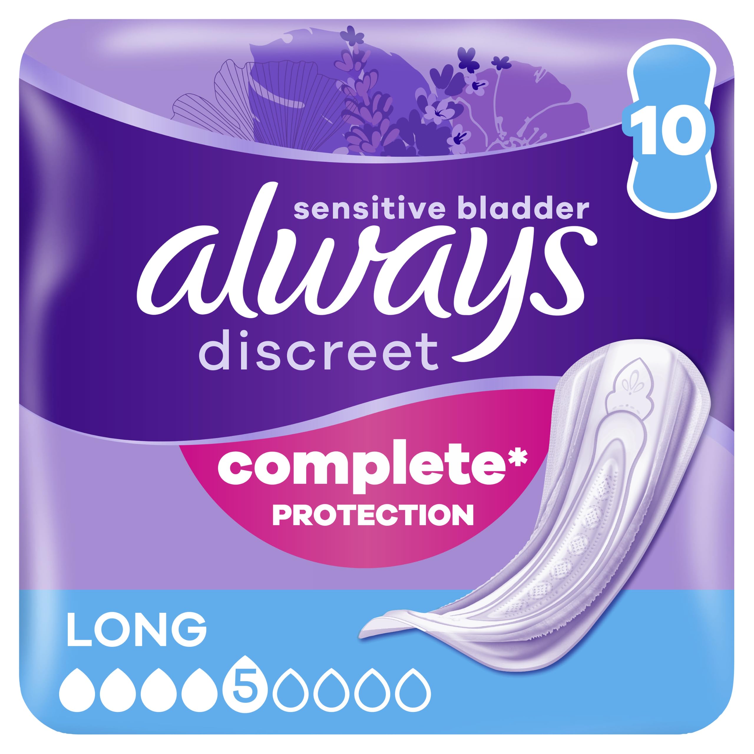 Always Discreet Incontinence Pads Women Long 10 Count Complete* Protection. Incredible Discretion