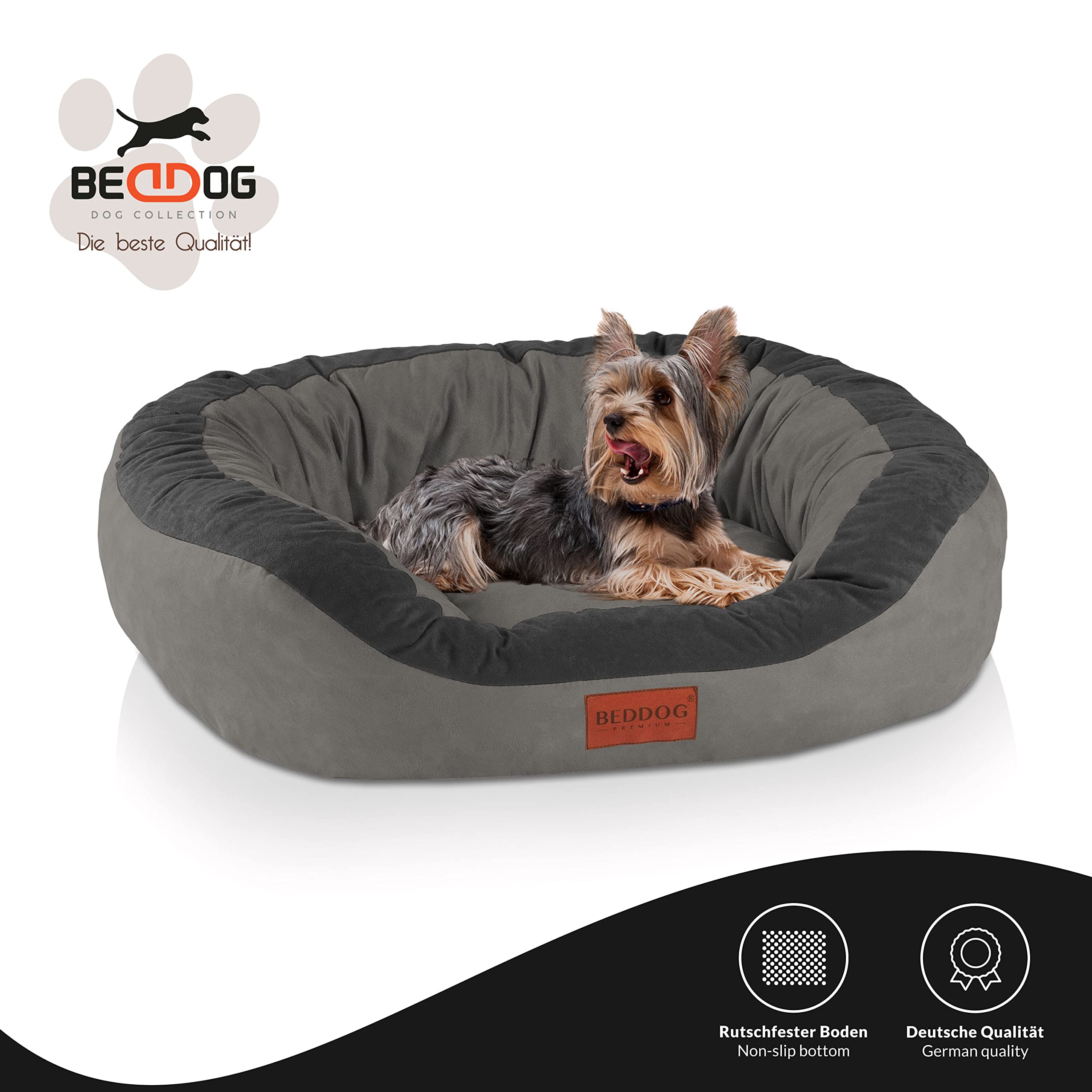 BedDog Letto per Cani PRINS Premium, in Materiale Resistente, Divano per Cani con sponde, Cuscino Ovale per Il Vostro Animale, Divano per Cani - L - Steel-Grey