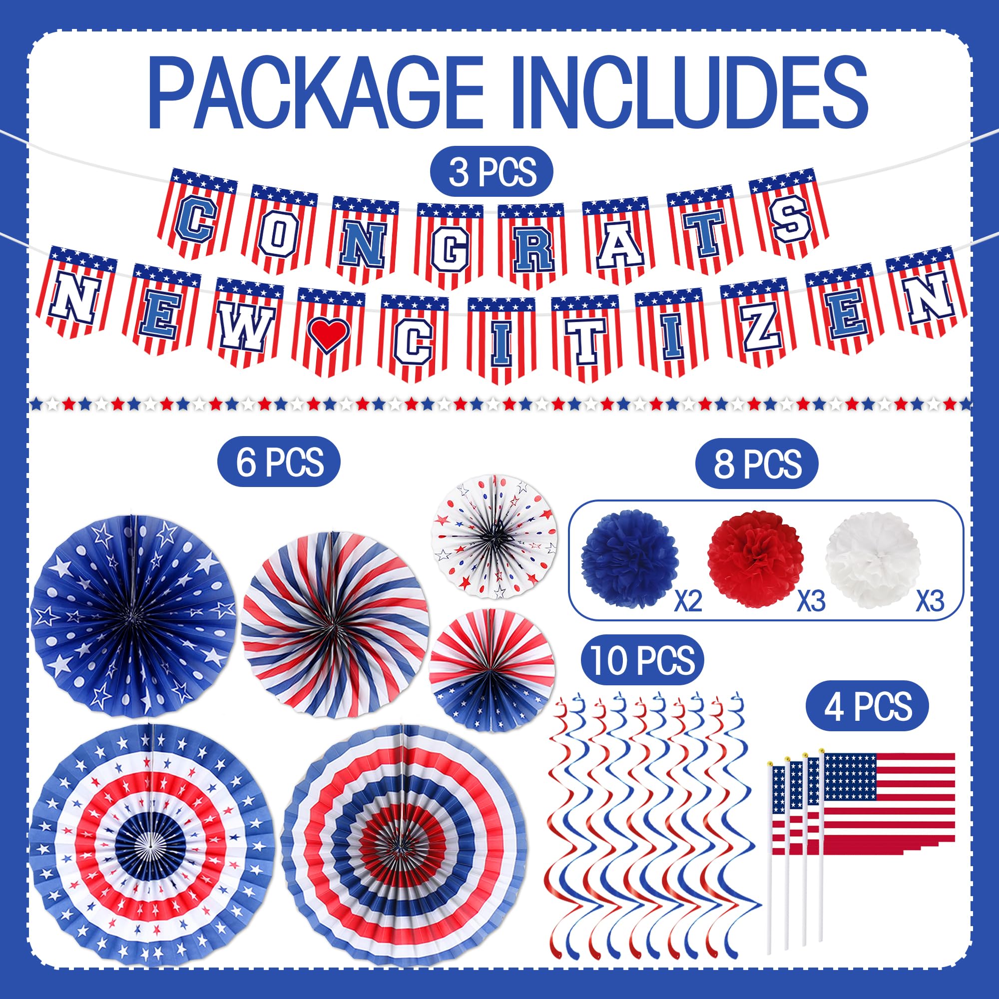 Us Citizenship Party Decorations - 31 Pcs Concrats New Citizen Banner Garland Hanging Swirls Paper Fans Pom Poms Americal Flags Decor Set Oath Ceremonies Patriotic Gift Ideas Supplies