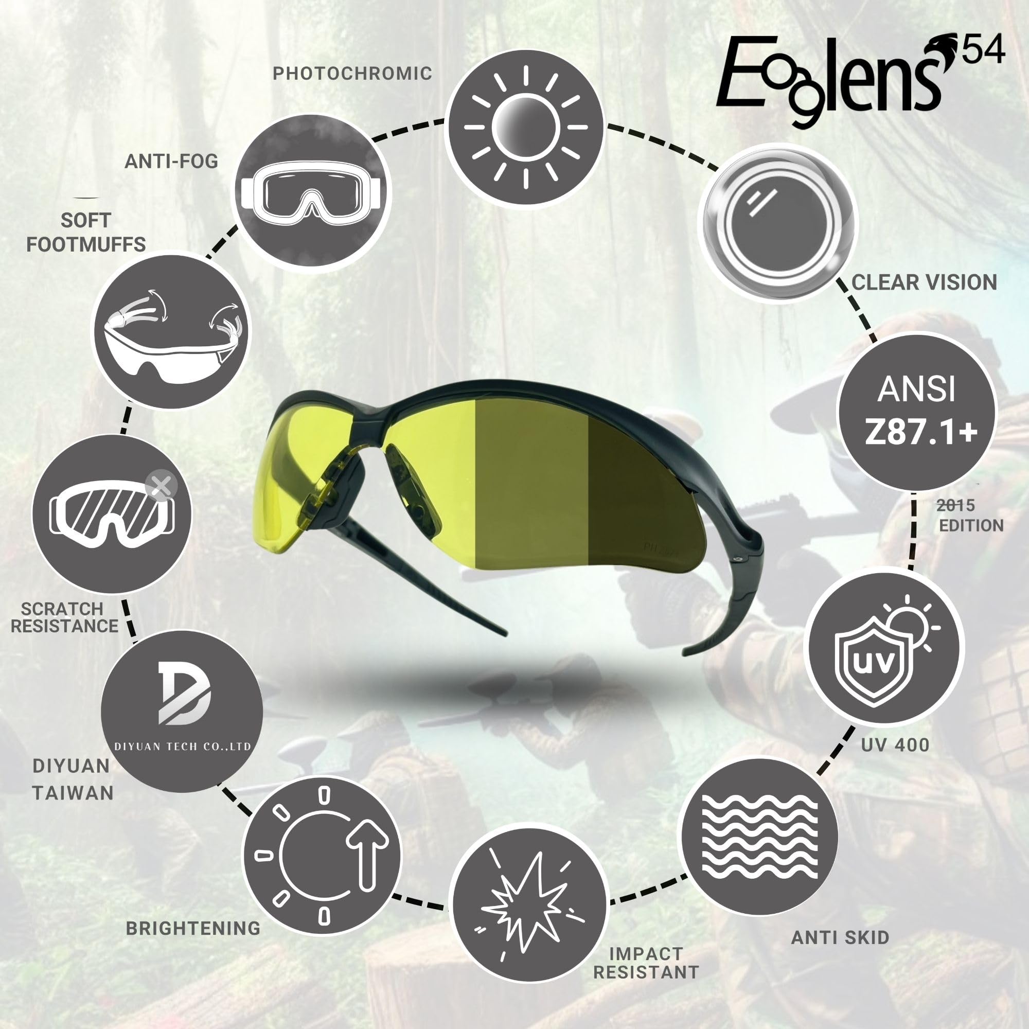 ANSI Z87.1 Selbsttönende Schutzbrille, Anti-Beschlag-Schutz, UV-Schutz, kratzfest, Jagd, Airsoft, taktische Jagd