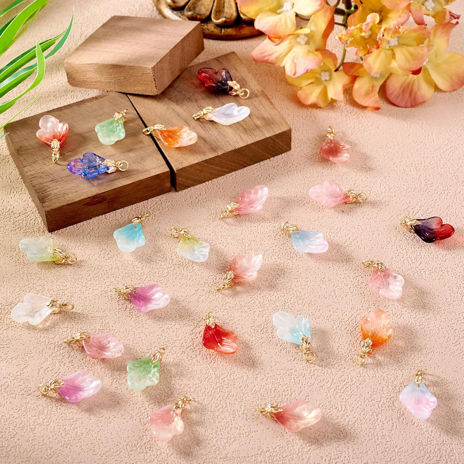 Beadthoven 28pcs Leaf Glass Pendants 14 Colors Lampwork Glass Crystal Charms Colorful Leaves Charms Dangle Drop Beads with Golden Clasps Findings for Jewelry Making Necklace Earrings DIY Crafts - Image 6