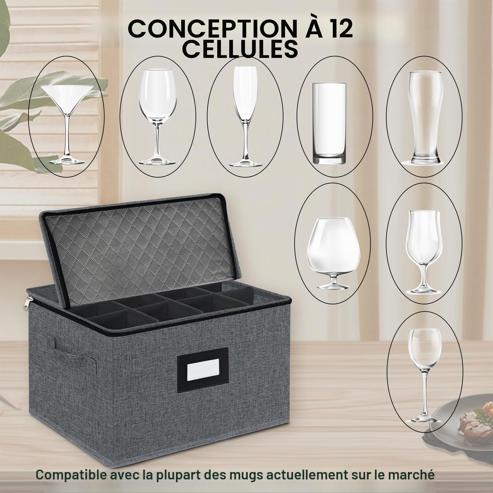 Boîtes de rangement en tissu pour verres à pied avec séparateurs, pour flûtes à champagne, verres en cristal fragiles, cuisine, placard, fête, camping, caravane (gris)