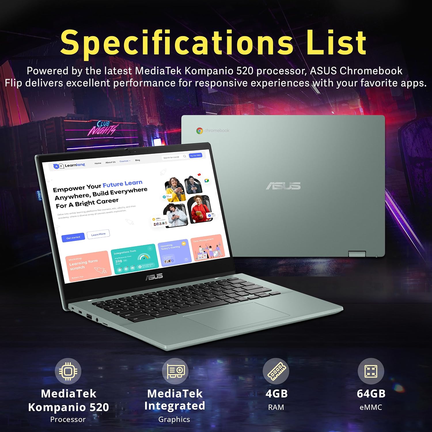 ASUS Chromebook Flip 14" FHD Touch Laptop, MediaTek Kompanio 520, 4GB RAM, 64GB eMMC, MediaTek Integrated Graphics, 720p HD Webcam, Chrome OS, WiFi 6, Gray Green(Renewed)