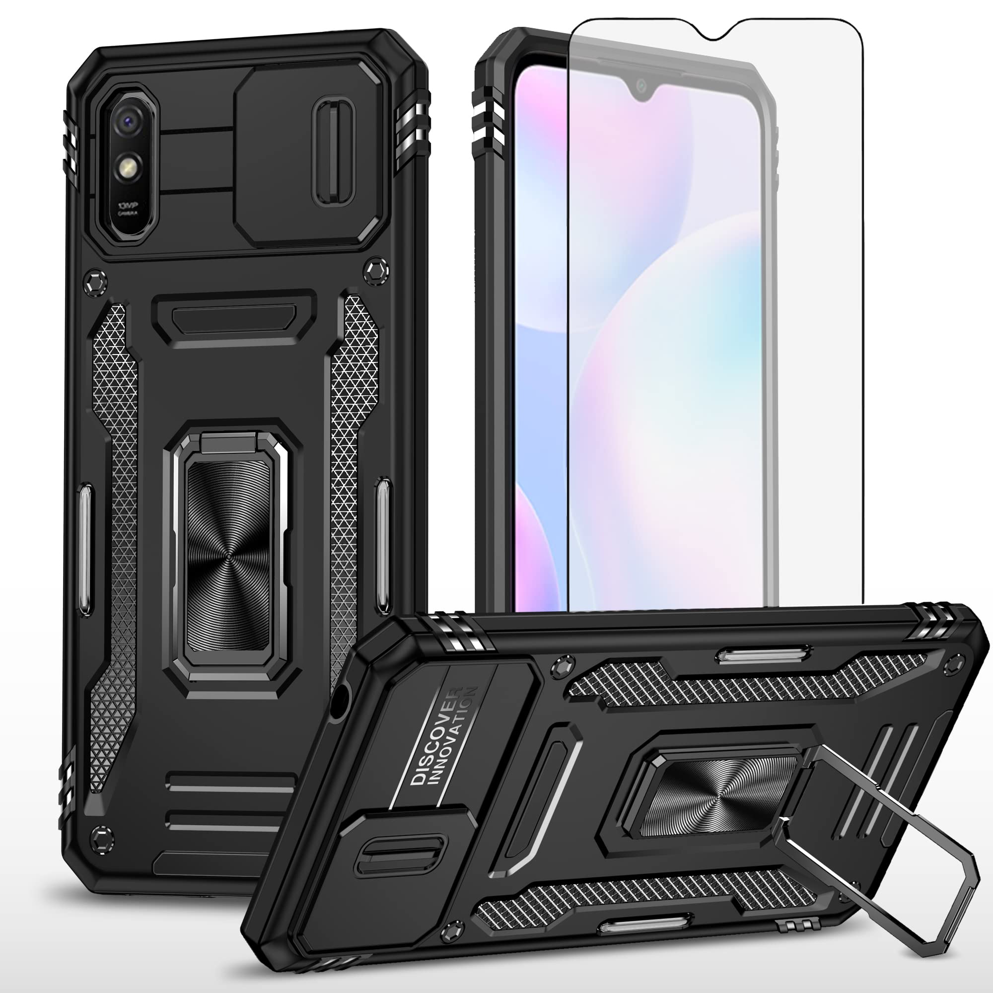 Asuwish Phone Case for Xiaomi Redmi 9A Redme 9i with Tempered Glass Screen Protector and Slide Camera Cover Magnetic Ring Holder Kickstand Cell Slim