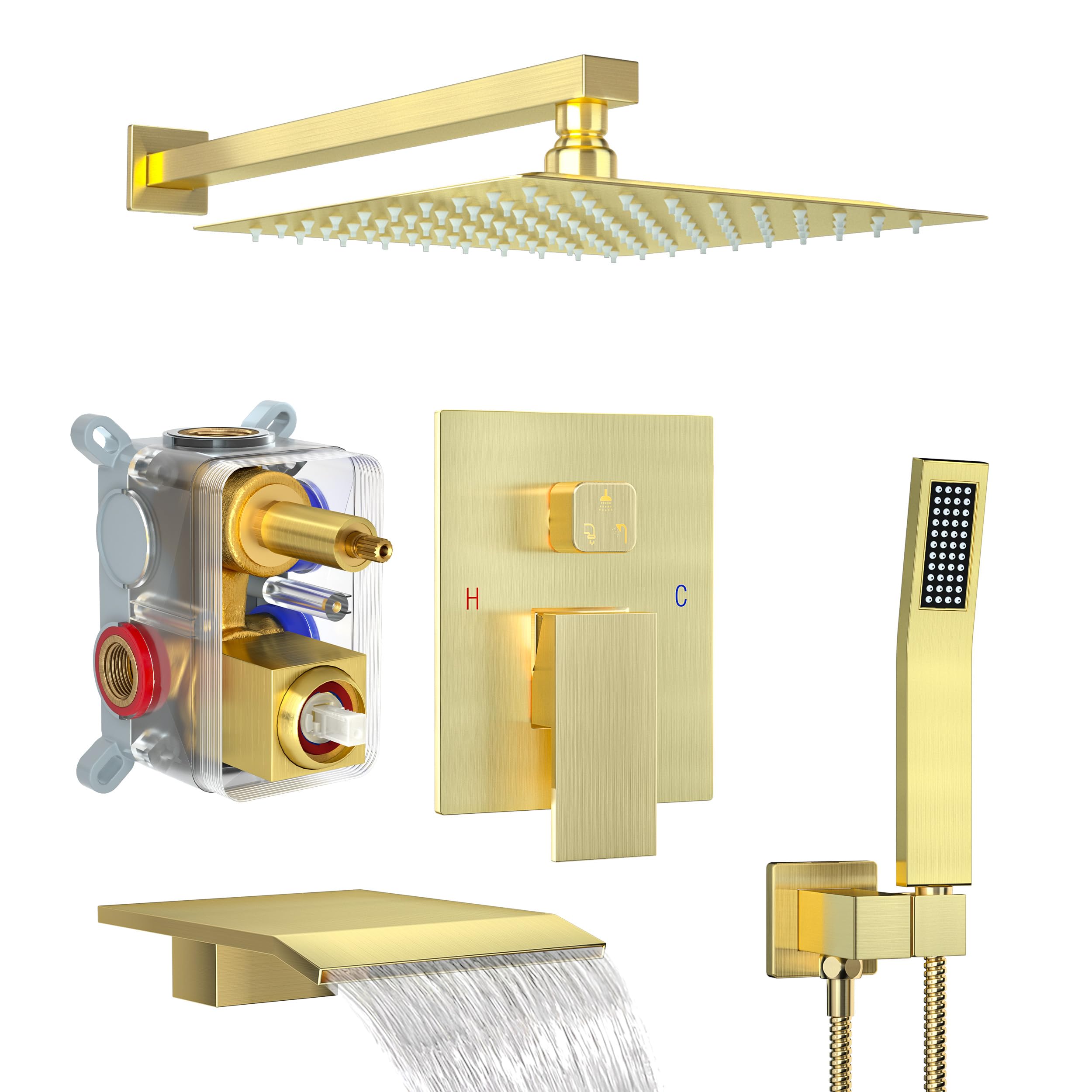 Fatspas 10" Rainfall Shower System With Handheld & Tub Spout - Matte Black, Pressure Balance Valve