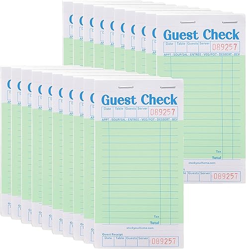 Stock Your Home Libros verdes de cheques de invitados para servidores (paquete de 20) bloc de notas de servidor, cuaderno de cheques de camarero,