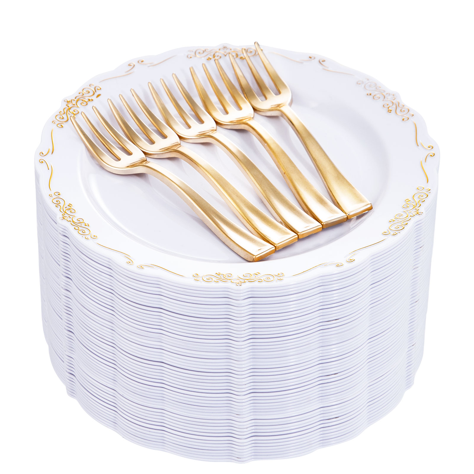 BESTVIP 50PCS Gold Plastic Plate, 7 Inch Disposable Dessert Plate Party With Gold Rim, Heavy Duty Disposable Plastic Plates For Party