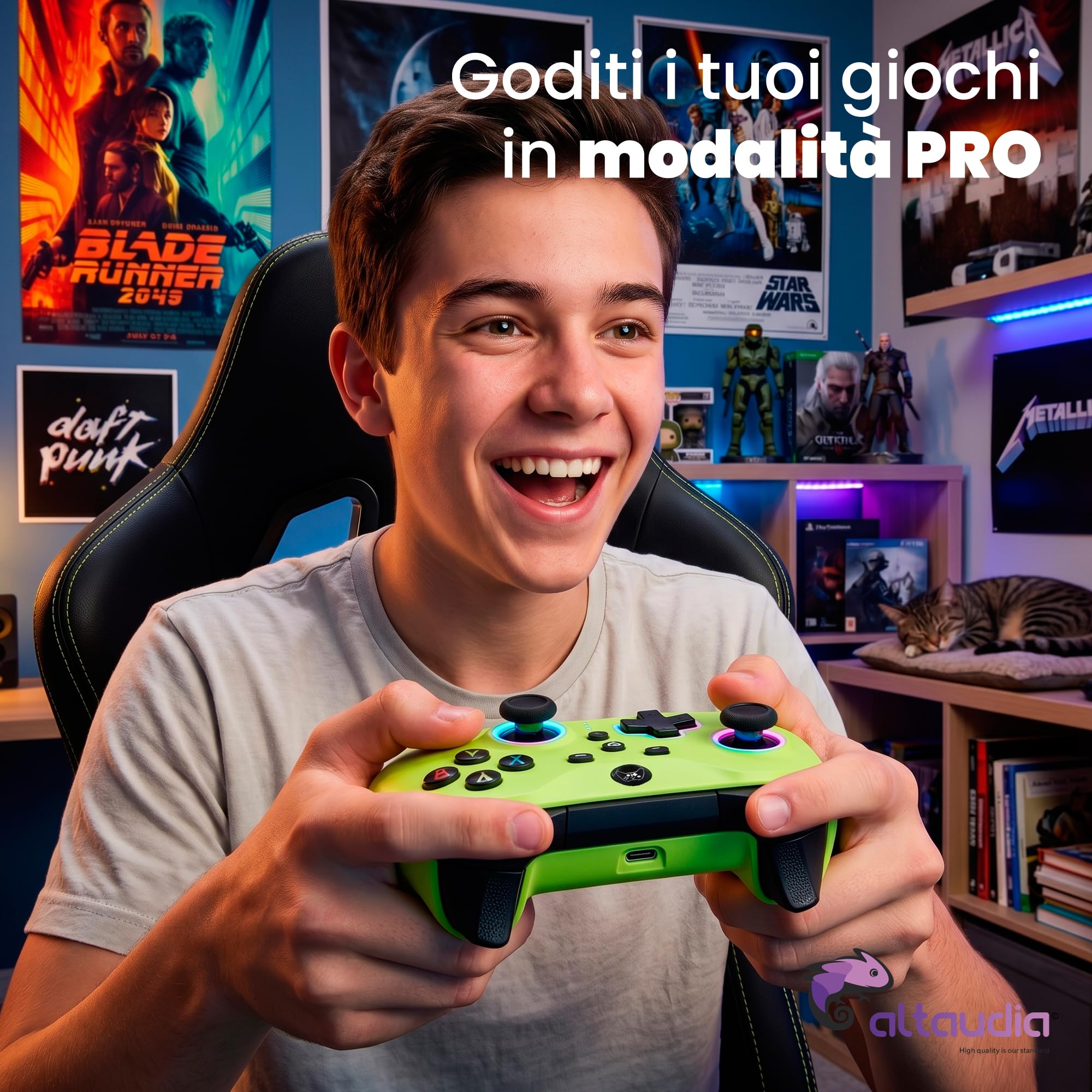 Altaudia Controller Wireless Bluetooth per PC - Compatibile con PC, Switch/Smartphone Android e iOS, Connessione USB, 2 Pulsanti Macro, Doppia Vibrazione, 6 Assi, Luci LED RGB, Colore Verde