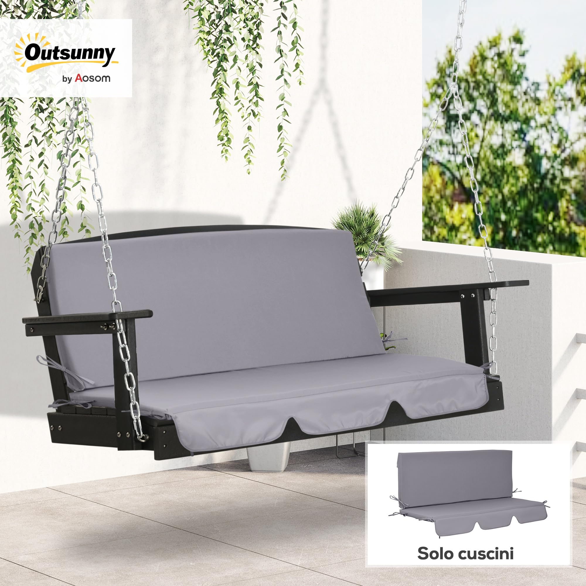 Outsunny Cuscini da Esterno in Gommapiuma e Poliestere per Dondolo da Giardino 3 Posti con Lacci di Fissaggio, 2 Pezzi da 130x45x5 cm, Grigio Scuro