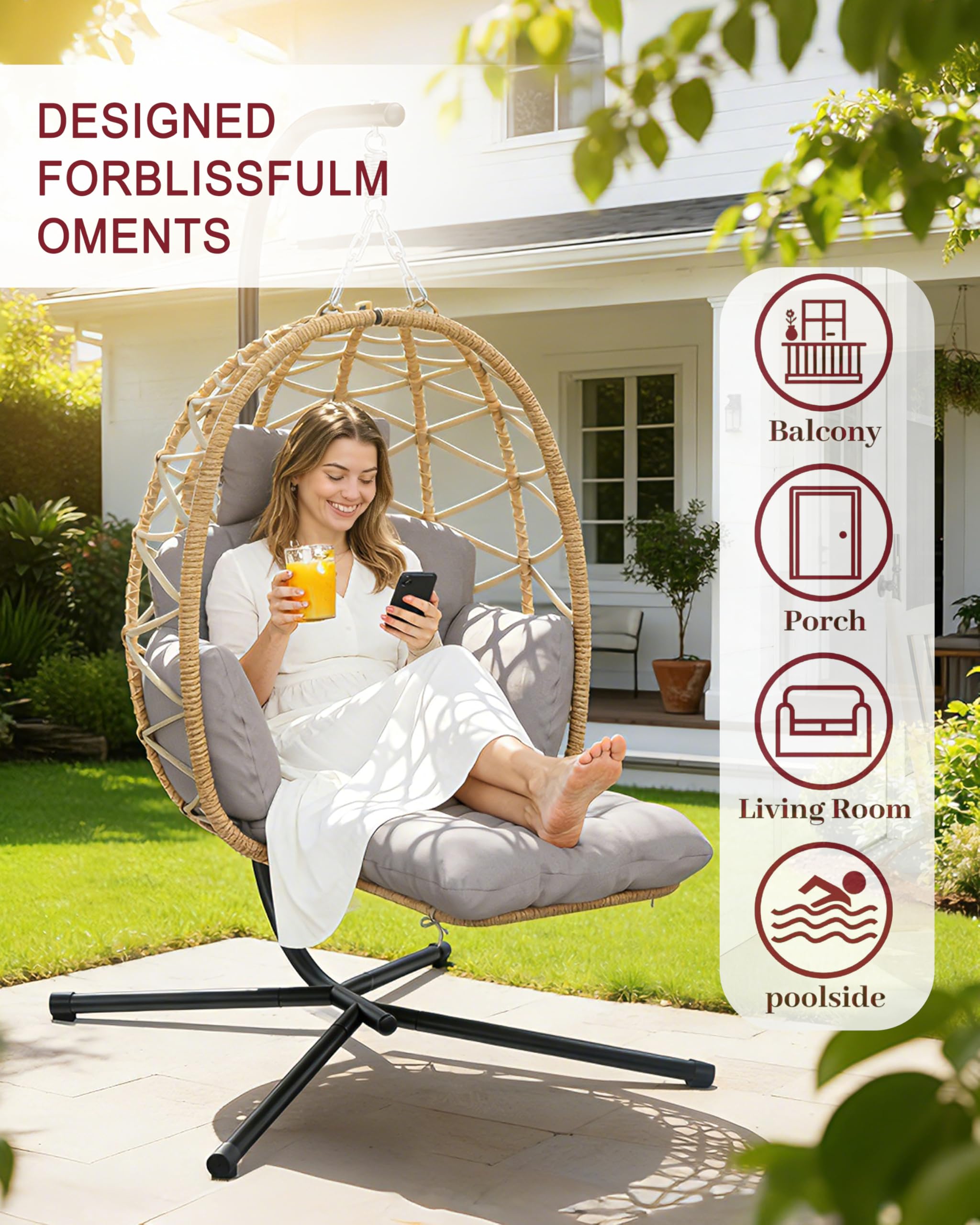 Silla colgante con estructura, reposapiés, silla colgante, en ratán para interiores y exteriores, columpio colgante para jardín, terraza, cuarto de niños, rincón de lectura, hasta 150 kg