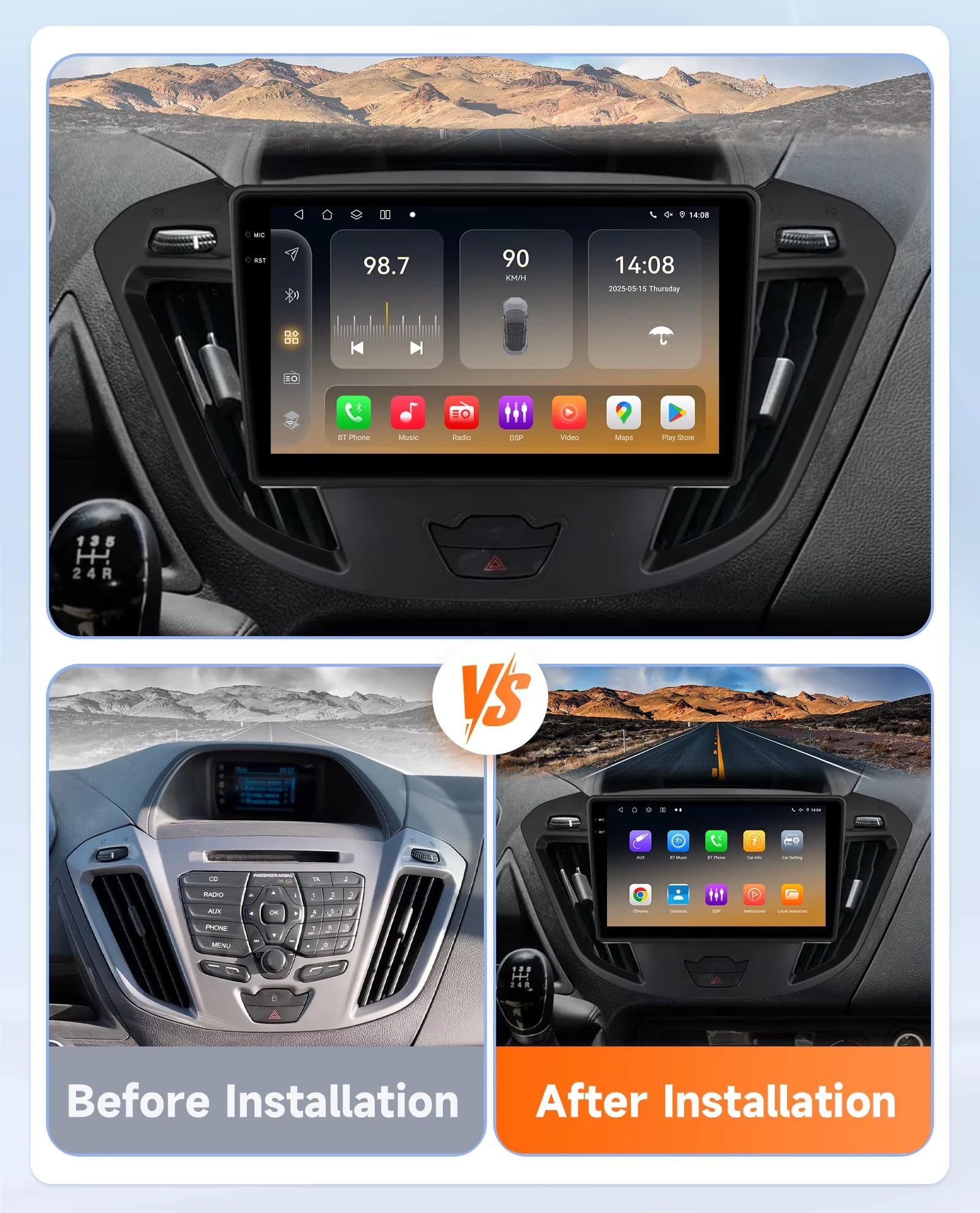 Generico Autoradio Android 15 2 DIN con Schermo Touchscreen da 9 Pollici per Ford Transit Tourneo Custom 2013-2021 con Telecamera Posteriore/CarPlay/Bluetooth/FM/GPS/USB/comandi al Volante/Audio per