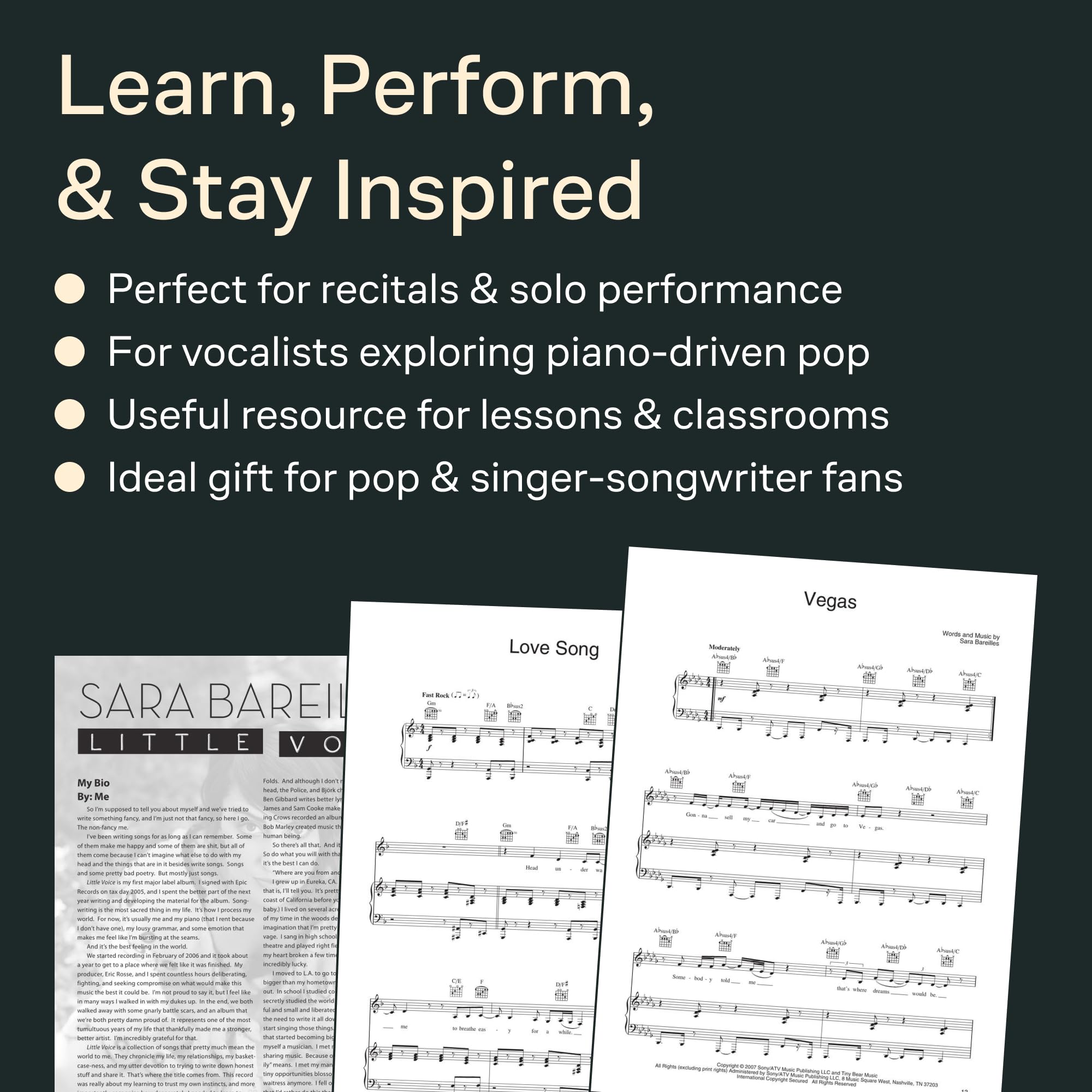 Sara Bareilles: Little Voice | Piano Vocal Guitar Sheet Music Book | Artist Songbook with 12 Pop Hits Including Love Song | Pop Piano Songbook for Students Teachers and Performers | Cherry Lane Music — Amazon image 5