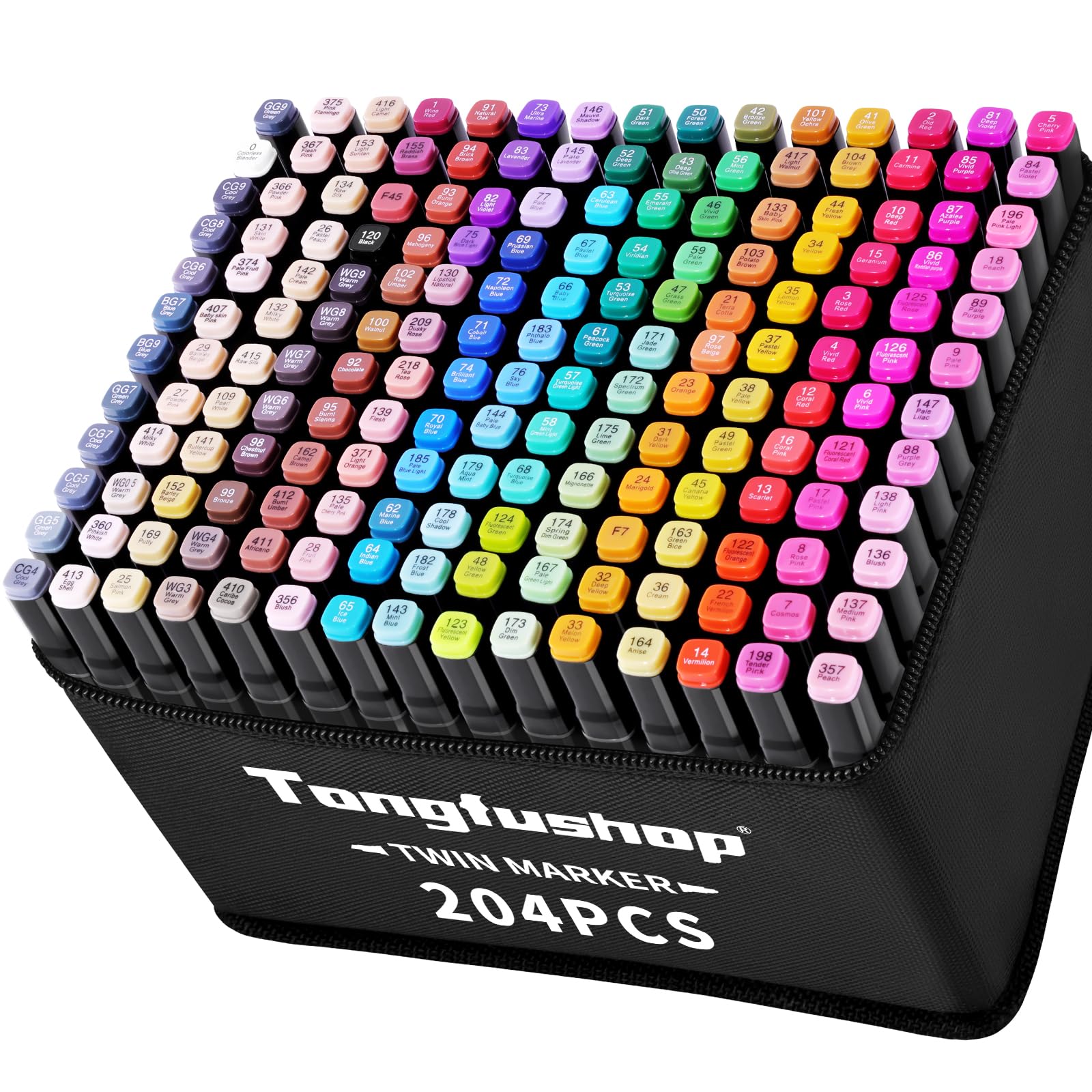 Tongfushop Marcatore 204 Colori, Pennarelli Doppia Punta 2S Asciugatura Rapida, Marker Pennarelli Professionali con Base e Borsa per Adulto Sketch, Colorare, Illustrazioni, Disegnare, Anime