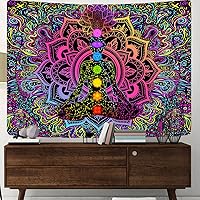 Vista 2 de Uokiuki Blacklight - Tapiz de 7 chakras reactivo a los rayos UV, tapiz de mano Hamsa, mandala bohemio, tapiz de luz negra, tapiz para colgar