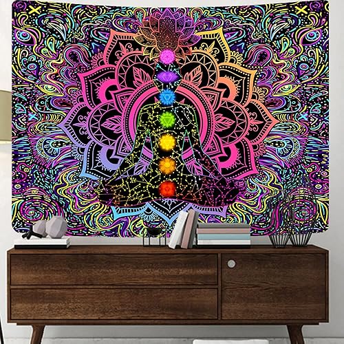 Miniatura 2 de Uokiuki Blacklight - Tapiz de 7 chakras reactivo a los rayos UV, tapiz de mano Hamsa, mandala bohemio, tapiz de luz negra, tapiz para colgar en la