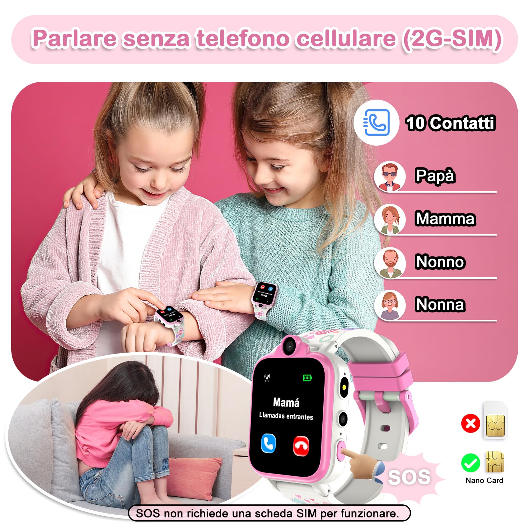 IOWODO Smartwatch per Bambini con Chiamata, 2G SIM con Fotocamera SOS Watch Integrato Nella Scheda SD, 18 Giochi Puzzle Allarmi per Bambini Smart Watch per Ragazzi Ragazze 3-12Y