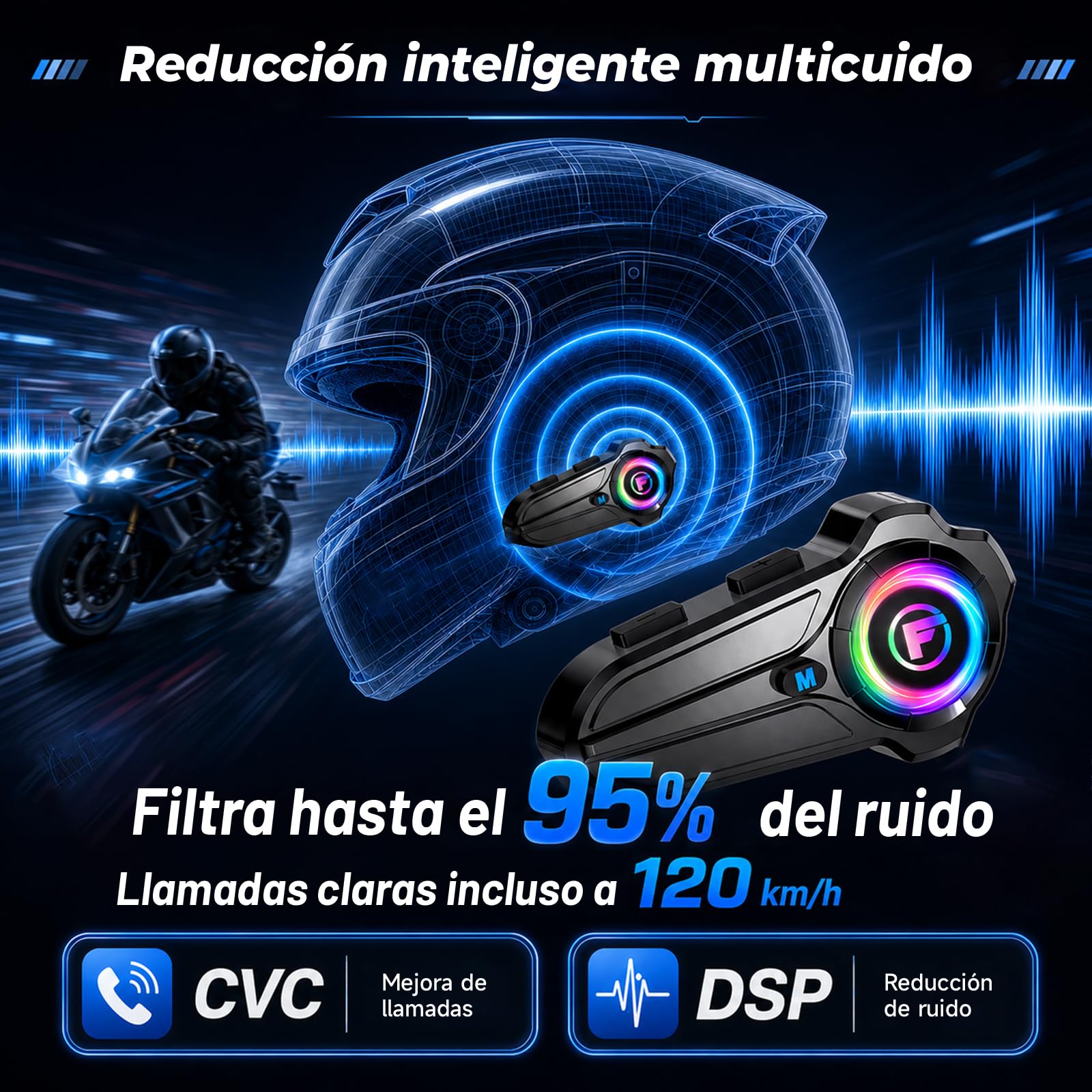 F10Pro Intercomunicador Casco Moto para 2 Personas, Comunicador Casco Moto Bluetooth 5.3, Emparejamiento Universal, Alcance de 1000m, Cancelación Inteligente de Ruido, IP67, Llamadas Manos Libres