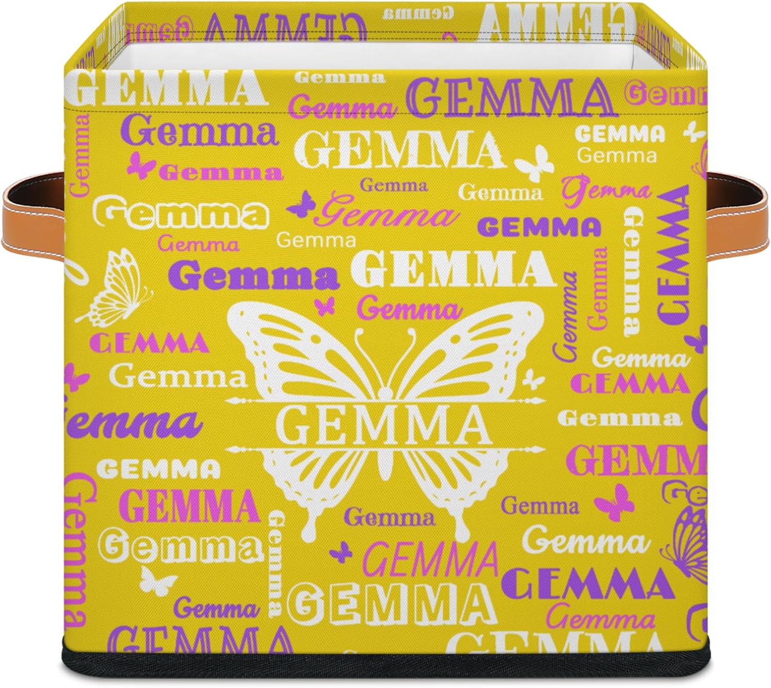 Custom Name Cube Bins 11 inches Butterfly Personalized Storage Baskets Shelf Organizer Foldable Fabric Storage Box with Leather Handles, Gold