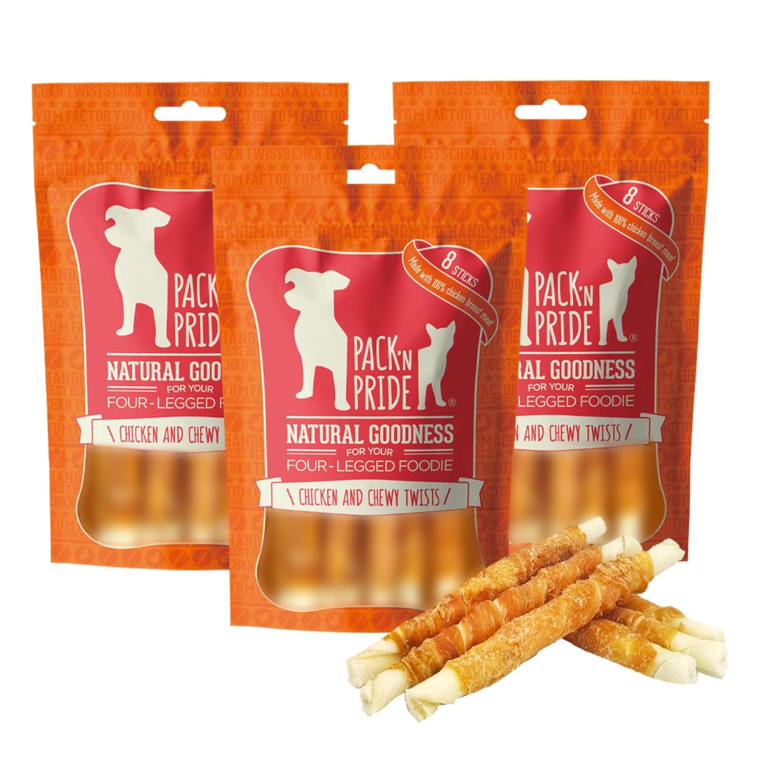 PACK'N PRIDE Dog Treats, 3 Pack*90g=270g Chewy Twists with All Chicken, Rawhide Dog Chews with Natural Breast Meat, Low-Fat, and High in Protein for Small&Medium Dogs