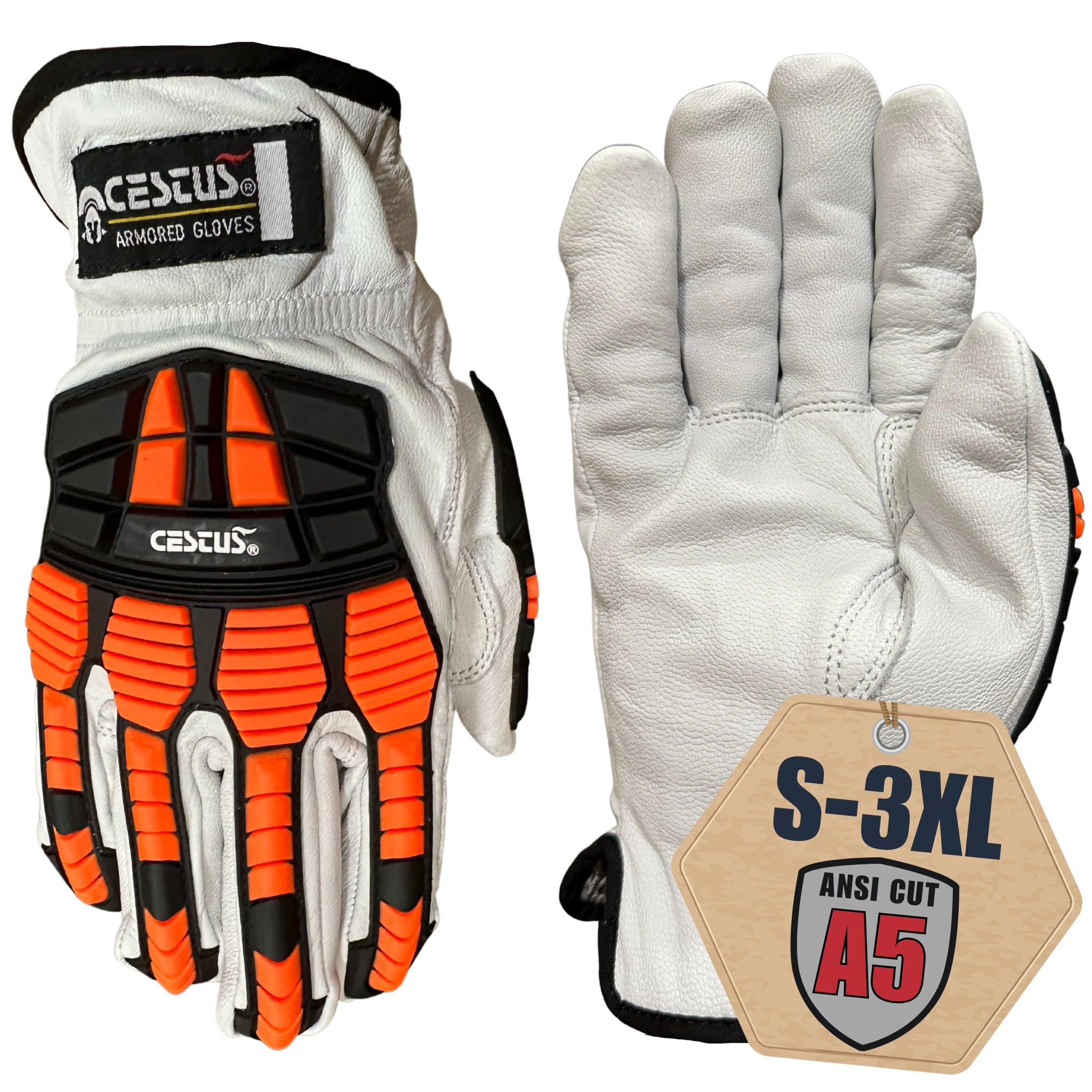 Cestus 3219, Goatskin Leather Impact Gloves, ANSI Cut A5, Heavy Duty Work Gloves for Construction Oilfield Demolition