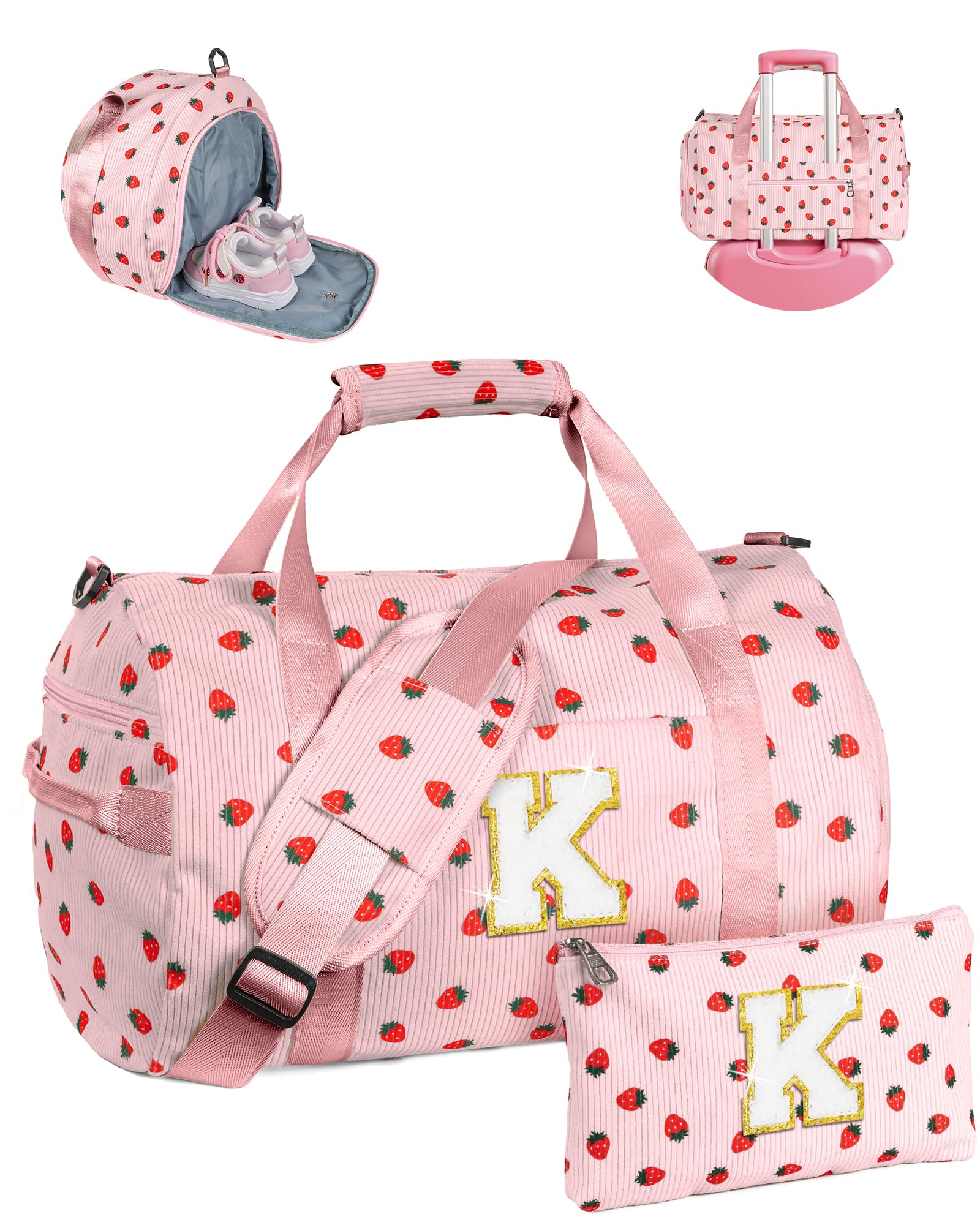 Vogewood Teen Girl Gifts Trendy Stuff, Girls Gym Bag, Kids Personalized Weekend Duffel Bags with Shoe Compartment, Initial Travel Tote with Makeup Pouch, Birthday Gift for Teenager, Pink, K