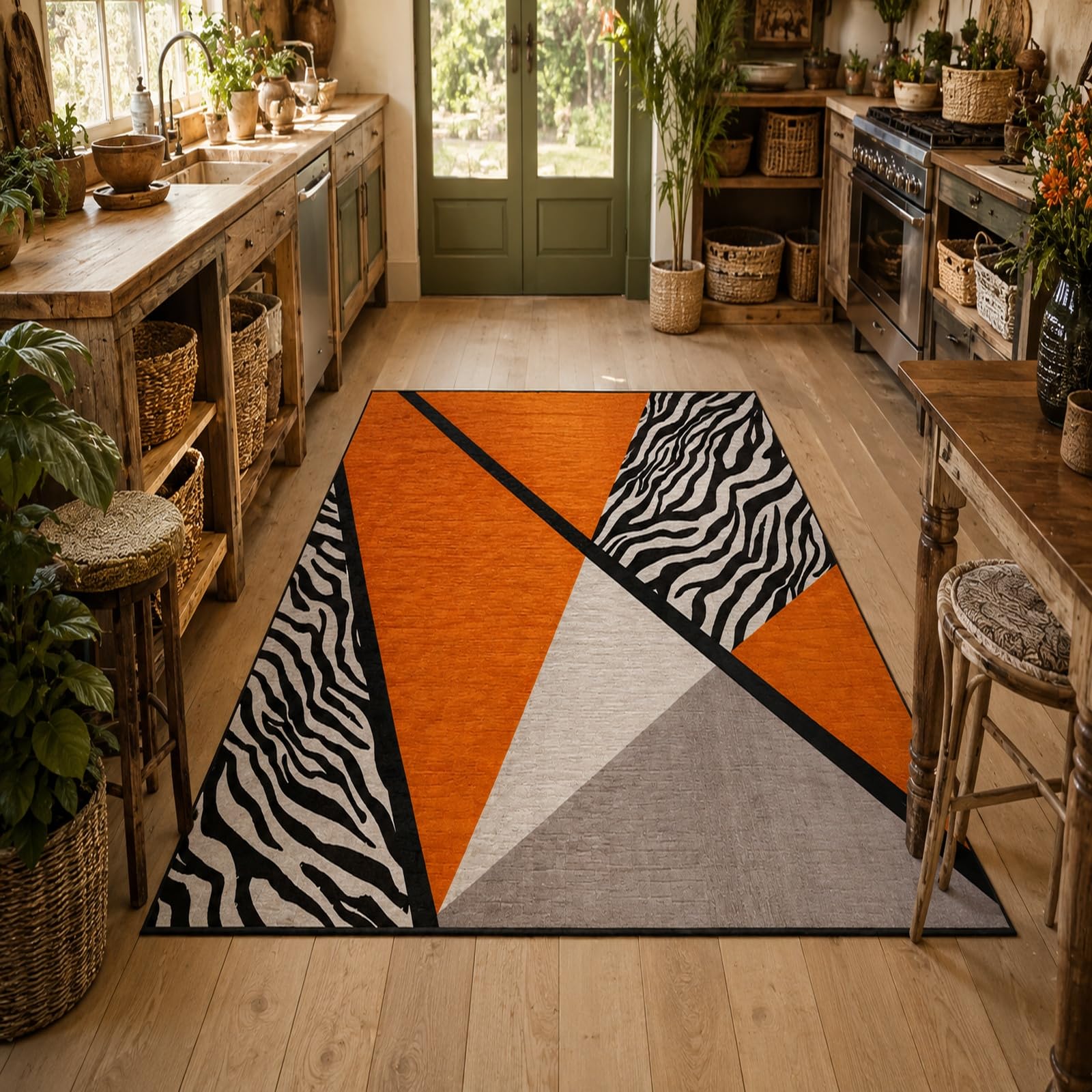 Tapis géométrie moderne orange lavable et robuste, grand tapis carré intérieur extérieur