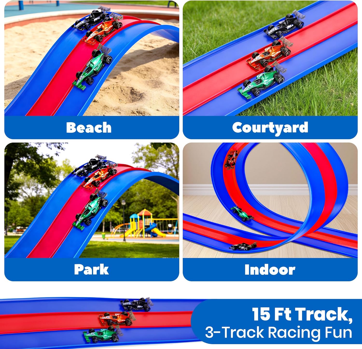 3-Lane Flexible Race Track for Kids with Suction Cups, Race Car Ramp Track & 15ft Race Car Track Compatible 1:64 Diecast Cars,Portable Roll Up Track Toy,Gift Race Track for Kids 3+ (Blue Red)