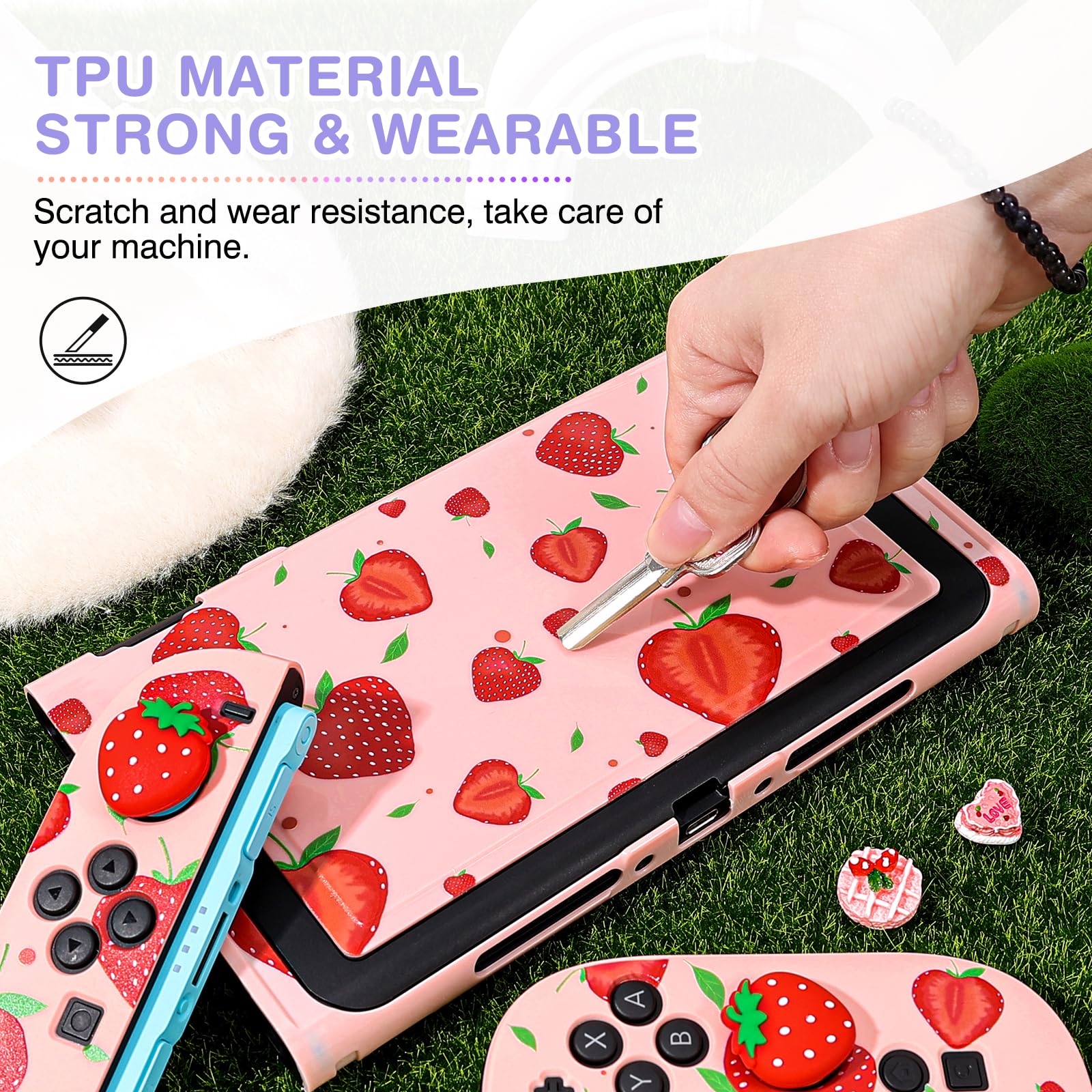 DLseego Tragetasche für Switch 2,Rosa Tragbar Reise Spiel Tasche,Thema Erdbeere Zubehör mit NS 2 Dockbare Schutzhülle,2PCS Daumen Griff Kappen und 1PC Charme,Groß Erdbeere