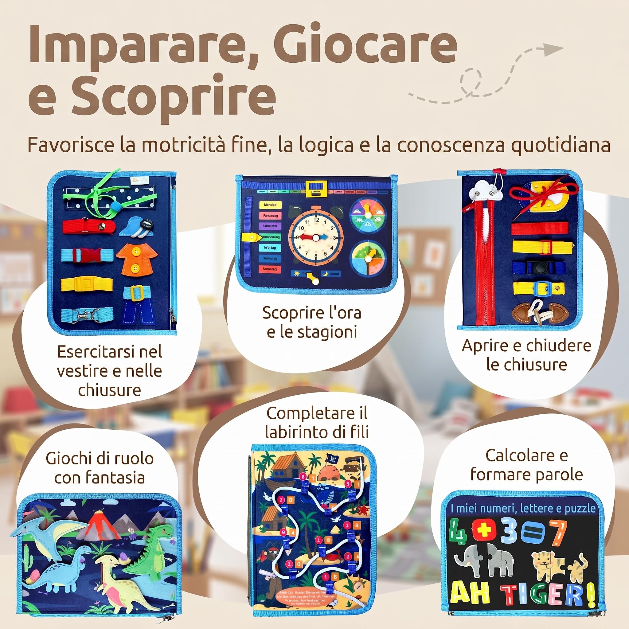 Mallie® Montessori Busy Board in Italiano per 1 2 3 Anni con Gioco di Ruolo e Marionette – Busy Board Montessori 1 Anno, Busy Book, Libro Montessori Interattivo 1 Anno, Libro Interattivo 2 Anni