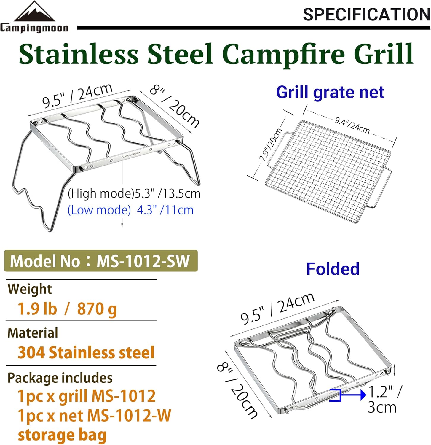 CAMPINGMOON Folding Campfire Grill with Cooking Grid Grate 9.5"x7.9" 304 Stainless Steel Camping Grill MS-1012-SW