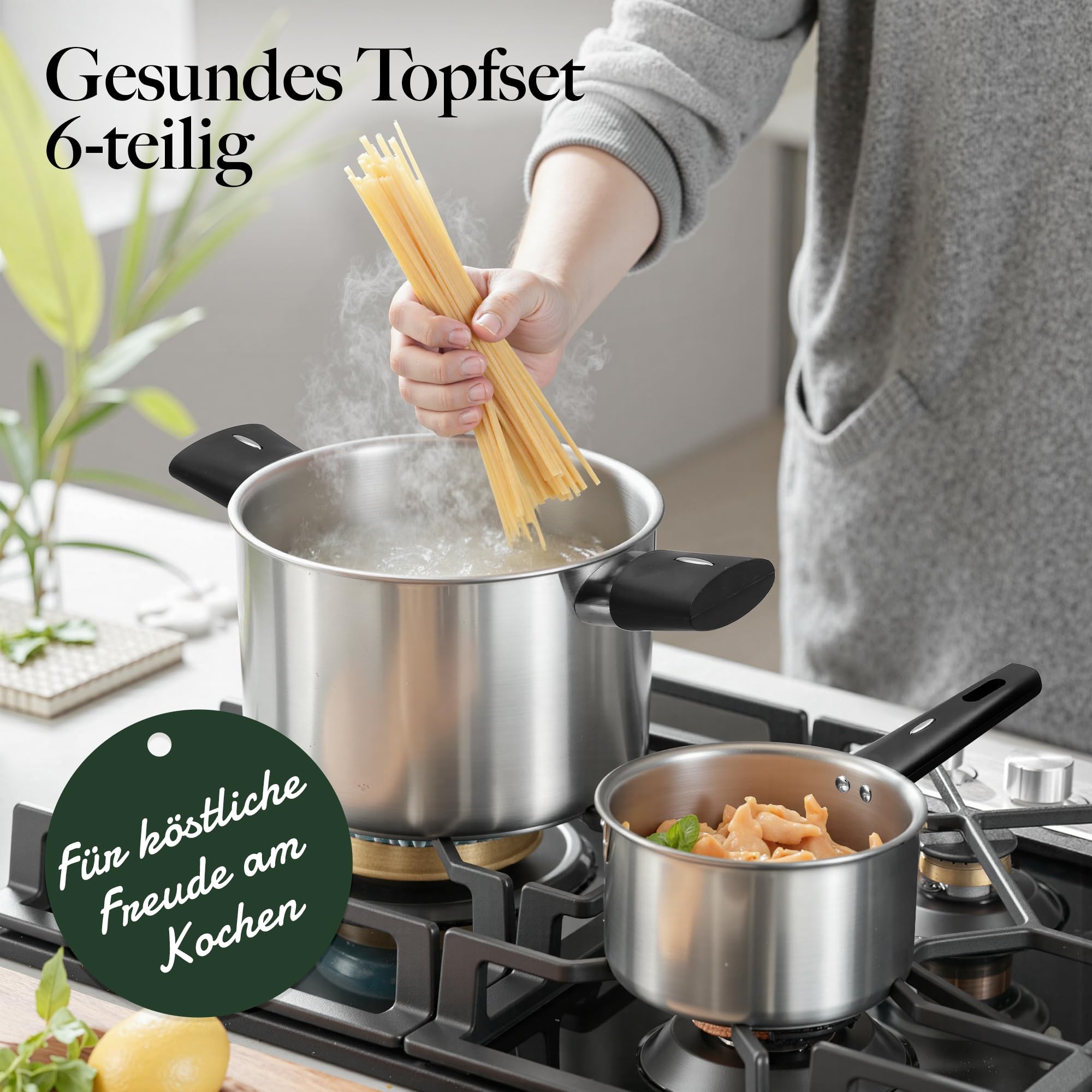 6-Teilig Topfset Pfannenset aus Edelstahl Induktions Töpfe Set Kochtopf Set mit Deckel vielseitig Topf und Pfannenset für Alle Herdarten spülmaschinenfest unbeschichtet Kochtopfset für gesundes Kochen