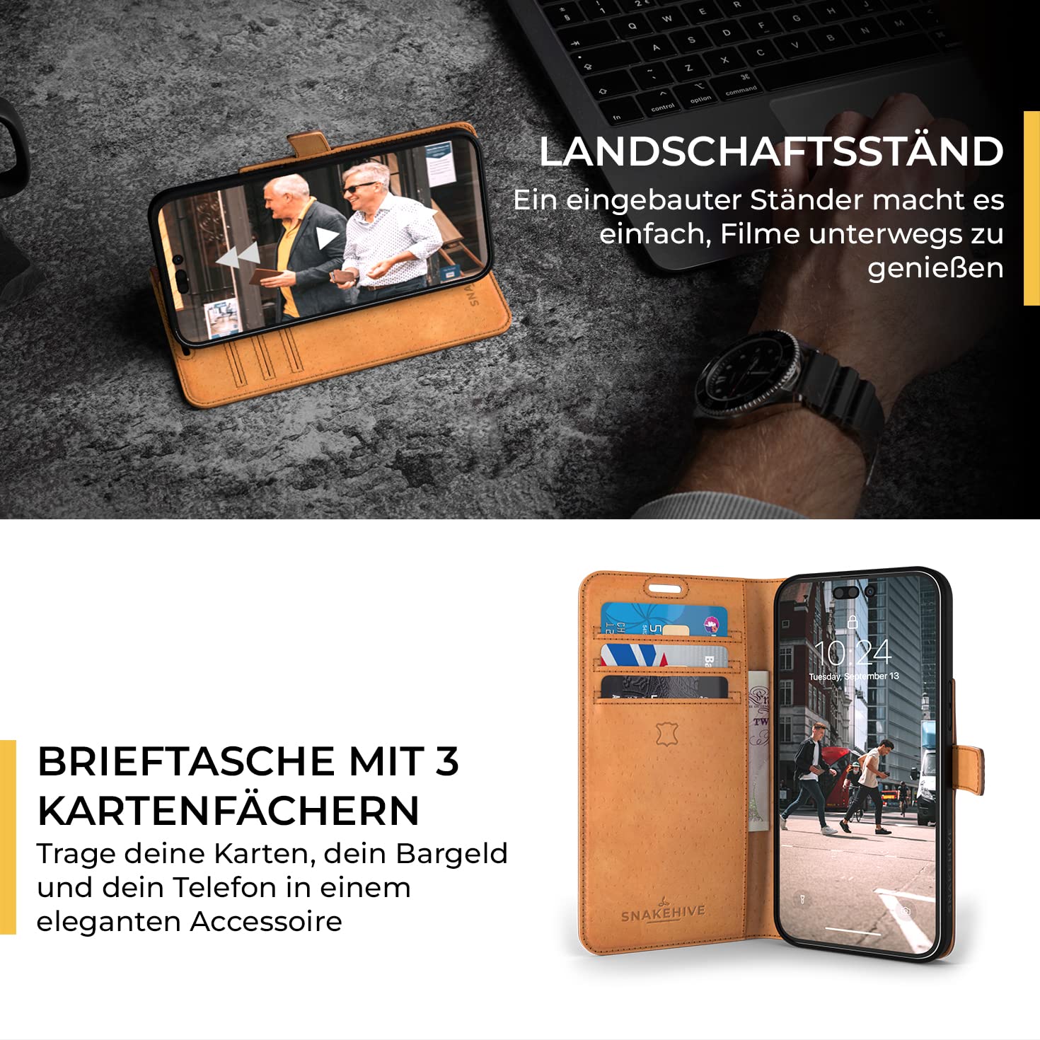 Snakehive Lederhülle Für IPhone 14 Pro Max – Klappcase Mit 4 Kartenfächern, Standfuß & Rundumschutz (hellbraun)
