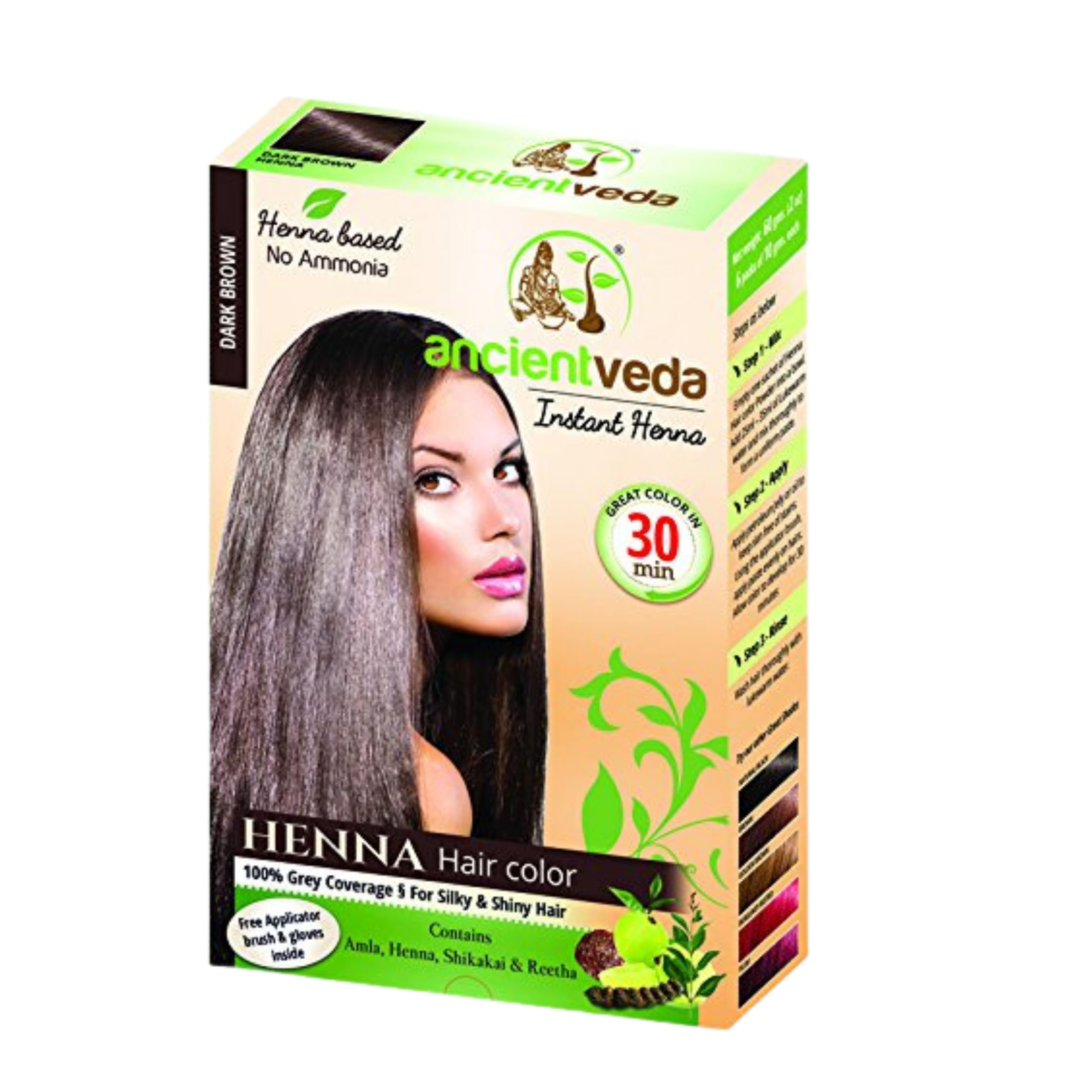 ANCIENT VEDA Henna Hair Color | Instant Henna with Applicator Brush & Gloves | Organic hair Nourishment color Peroxide free | Natural ingredients Safe for all hair types - (60 Grams - Dark Brown)