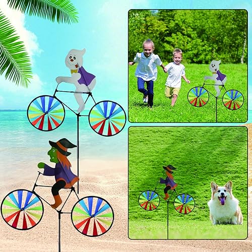 Miniatura 4 de Paquete de 2 ruedas giratorias de bicicleta de bruja y fantasma de Halloween de 20 pulgadas, molinos de viento con estacas, molinos de viento para